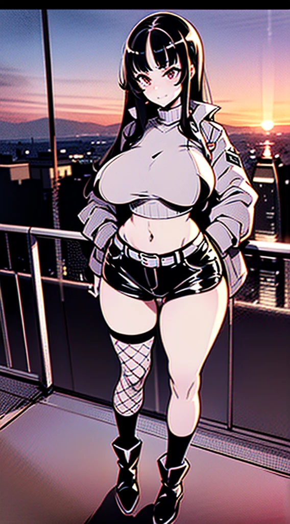 (masterpiece), high-definition, korean girl, big boobs, big hips, messy dark purple hair, orange eyes, crop top sweater, jacket, shorts, belt, thong, thigh high stockings, boots, fishnet, balcony, leaning on the railing, sunset