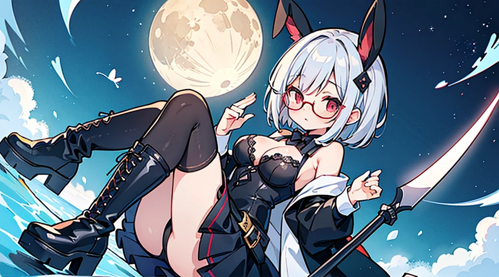 ((The best piece)),((masterpiece)), (Super detailed), (An illustration), (Detail light), (very cute and beautiful),(beautiful detailed eyes),cute face,silver hair,red eyes,short bob,Wearing glasses,,cleavage,Laced boots,off shoulder clothes,rabbit ears,Laced boots,lake at night,Under the moon,Military uniform style,Grim Reaper's Scythe,