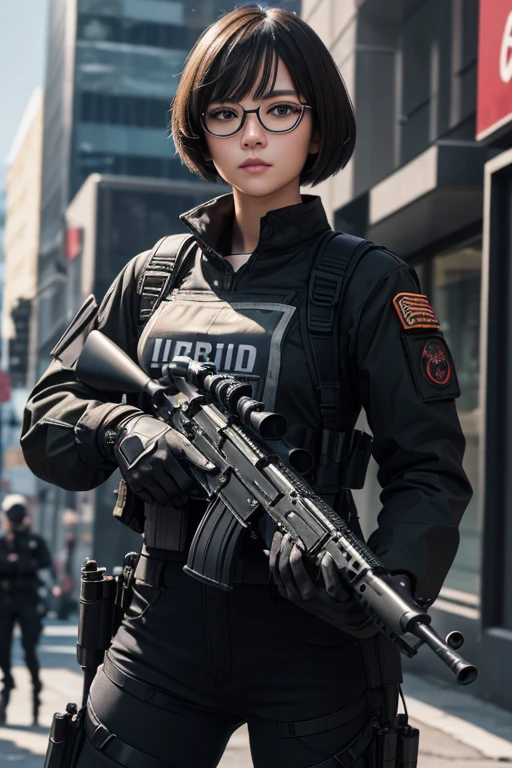 a photo of Flint from GI Joe, as a buxom female, short hair, asian, black tactical shirt and camouflage pants, black beret, (armory background), realistic photo, photograph, full body shot, best quality, masterpiece, HDR, 8K, UHD, soft lighting, crisp, clear, clean, highly detailed, detailed eyes