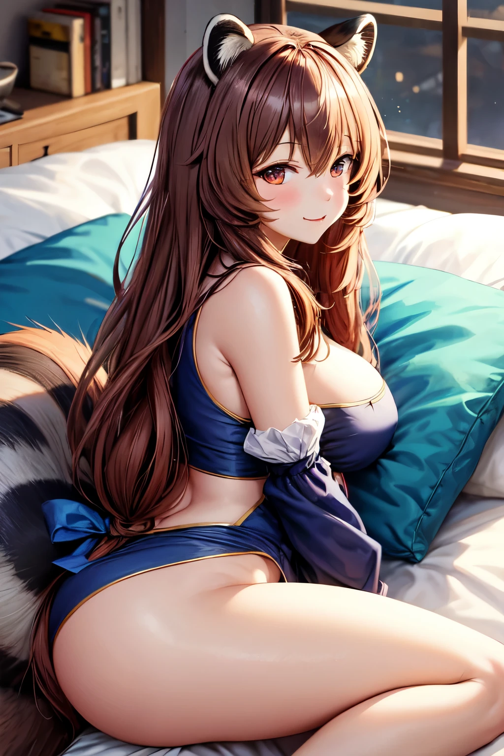 Raphtalia,long hair, animal ears, Raccoon ears, Raccoon Girl, racoon tail, very long hair, straddling, pillow, smurk