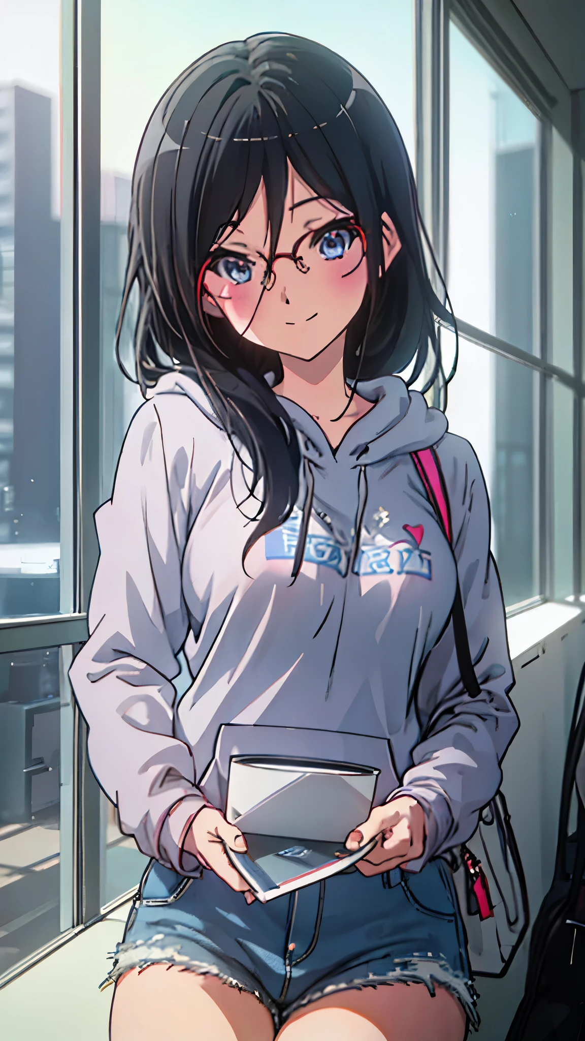 asuka tanaka, perfect face, detailed, 8k, masterpiece, (ultra high quality), gray hoodie, long sleeve hoodie, denim short, mini short, big breast, blush, smile, long hair