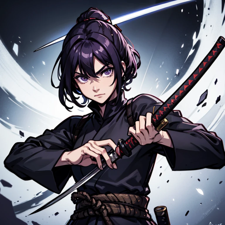 Hombre con katana con fondo de aura morada
