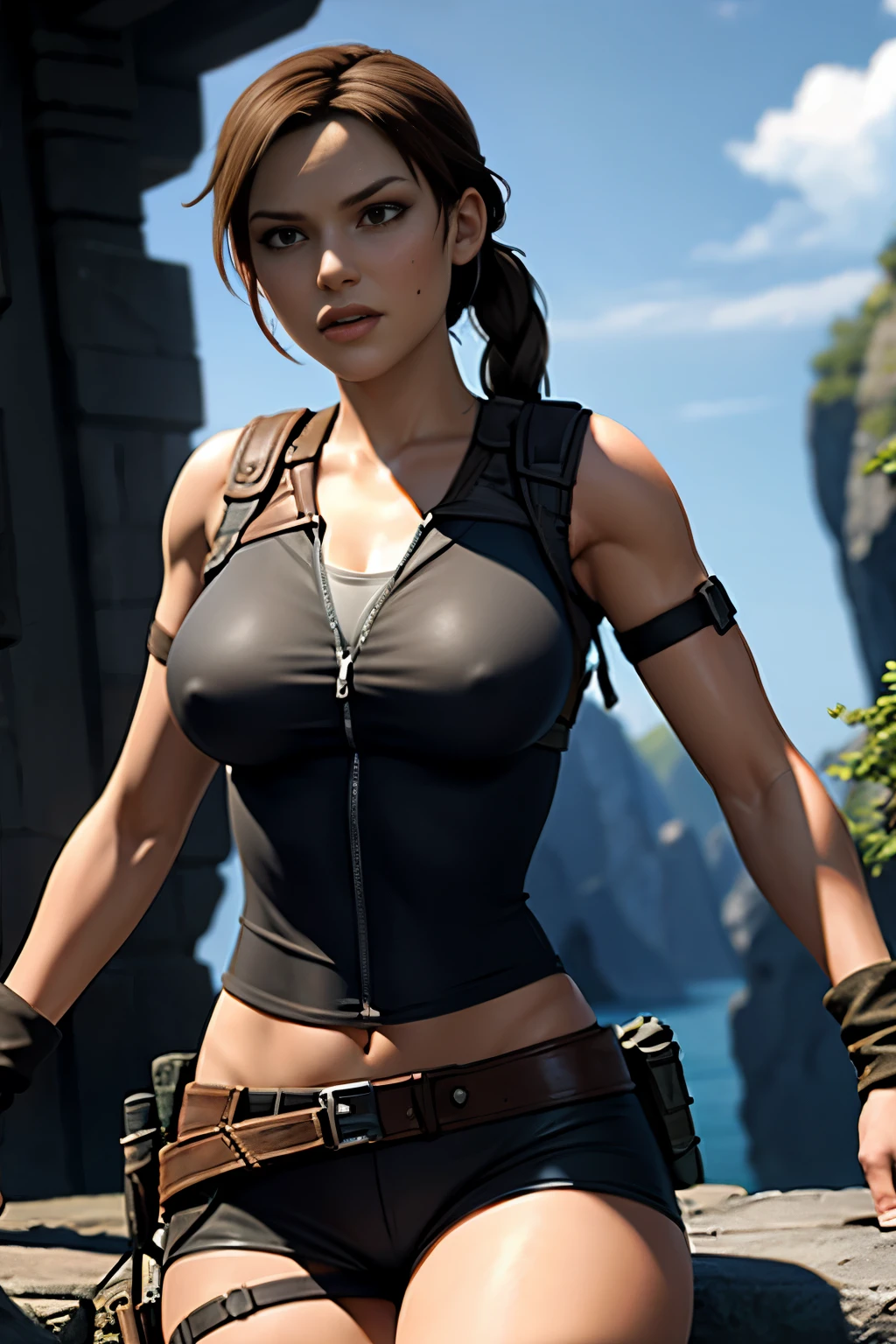 Nsfw, Lara Croft, rise of The tomb raider, (master part, 4k resolution, ultra-realistic, altamente detalhado), (Charismatic, no topo da cidade), corpo inteiro, noite, dynamic lights, curvas perfeitas
