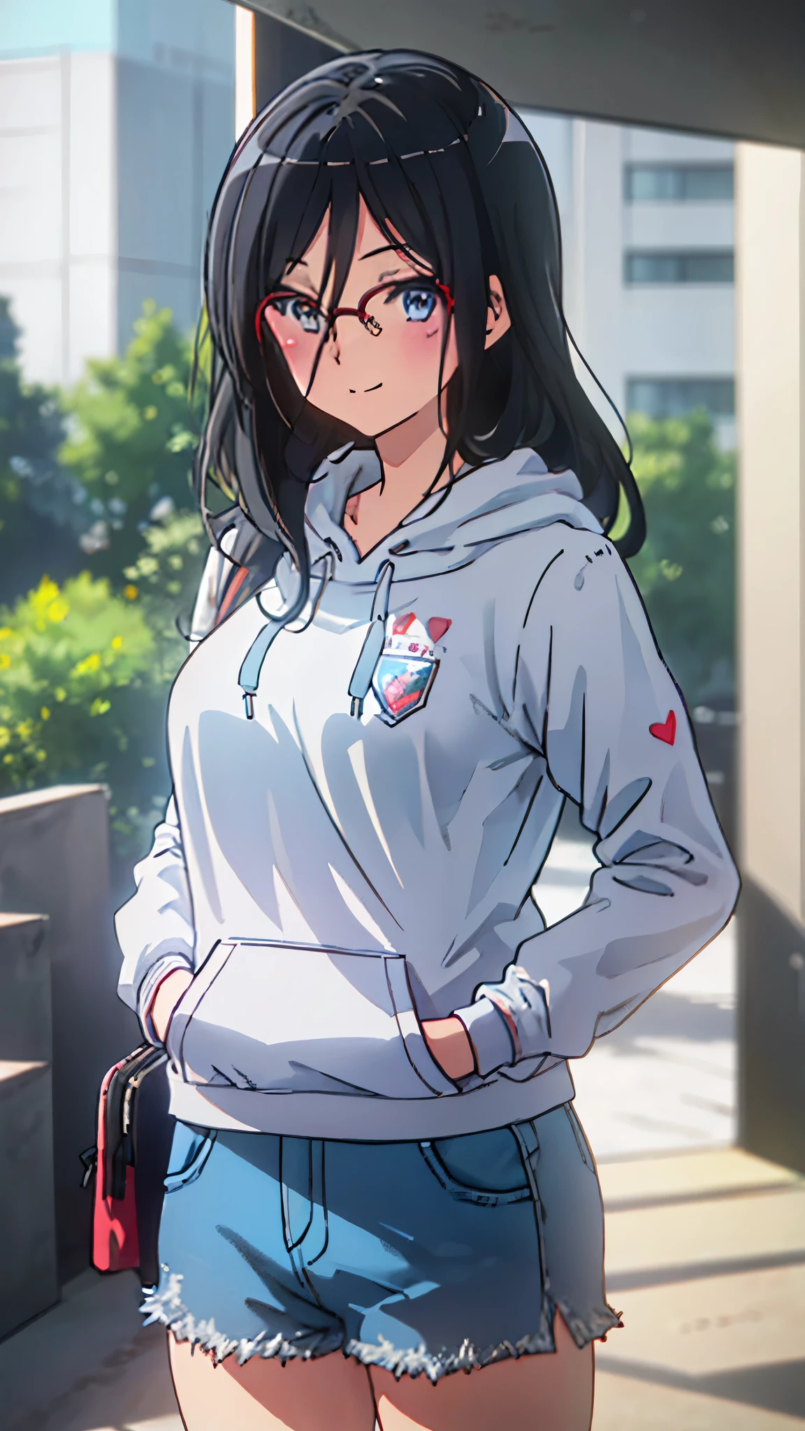 asuka tanaka, perfect face, detailed, 8k, masterpiece, (ultra high quality), gray hoodie, long sleeve hoodie, denim short, mini short, big breast, blush, smile, long hair, hands in pocket