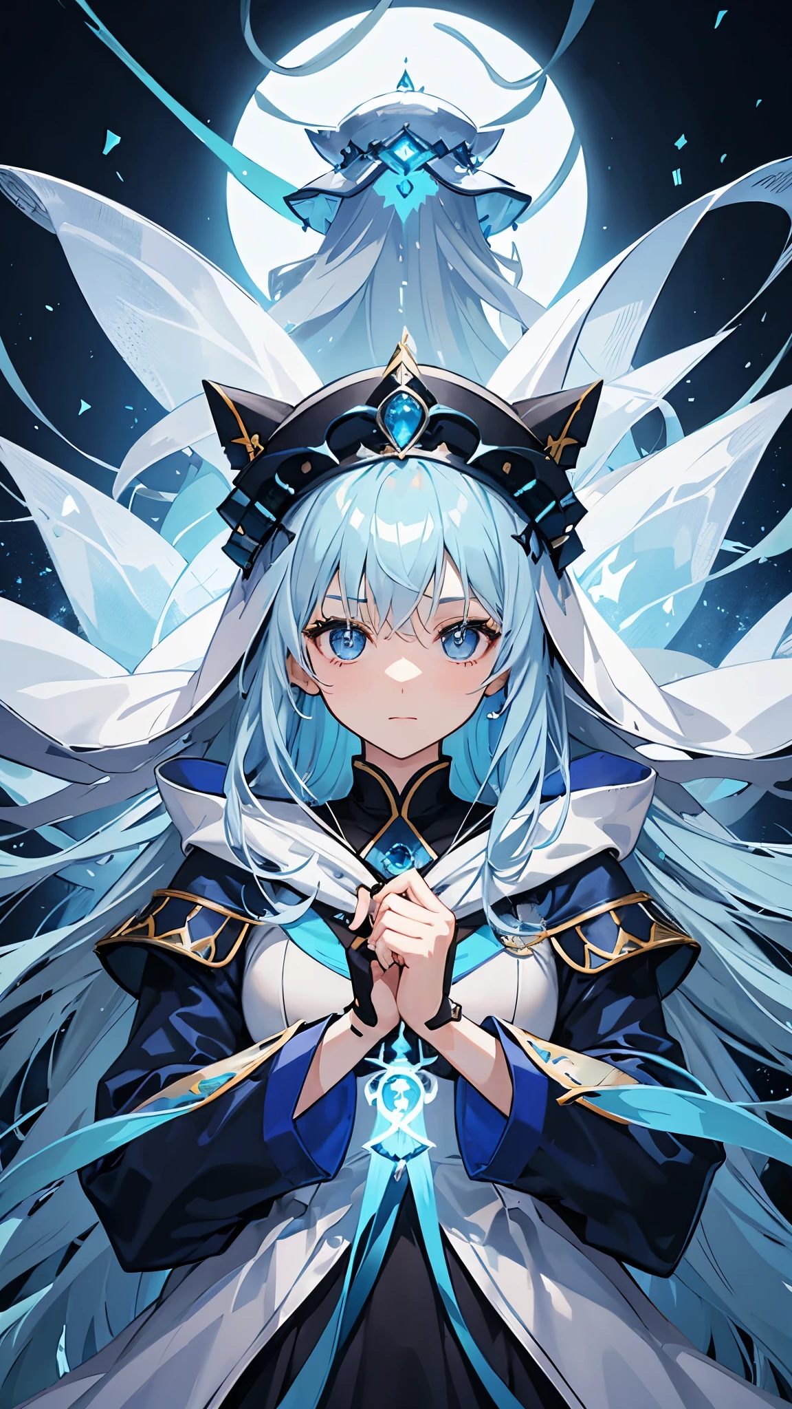 Young Female, Light Blue Jellyfish Hair with Dark Blue Fade, Navy Blue Eye, White Assassin Robe with Hood, Golden City Theme, Happy Emotion mood, Shy, Holding Royal Assassin Sapphire Sword, 2D, Anime Art Style, HDR, HD, Background, RTX, 2K, Masterpiece.