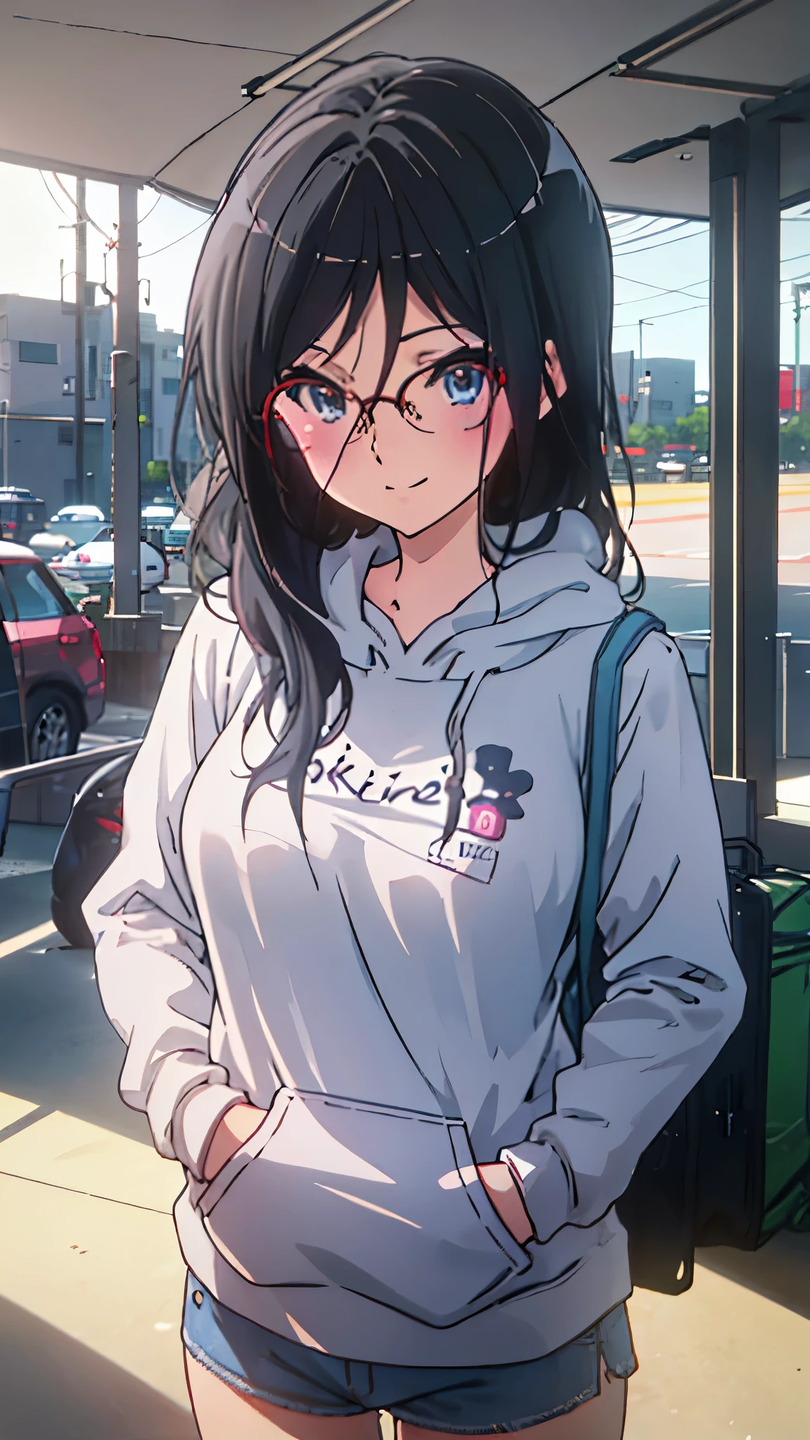 asuka tanaka, perfect face, detailed, 8k, masterpiece, (ultra high quality), gray hoodie, long sleeve hoodie, denim short, mini short, big breast, blush, smile, long hair, hands in pocket