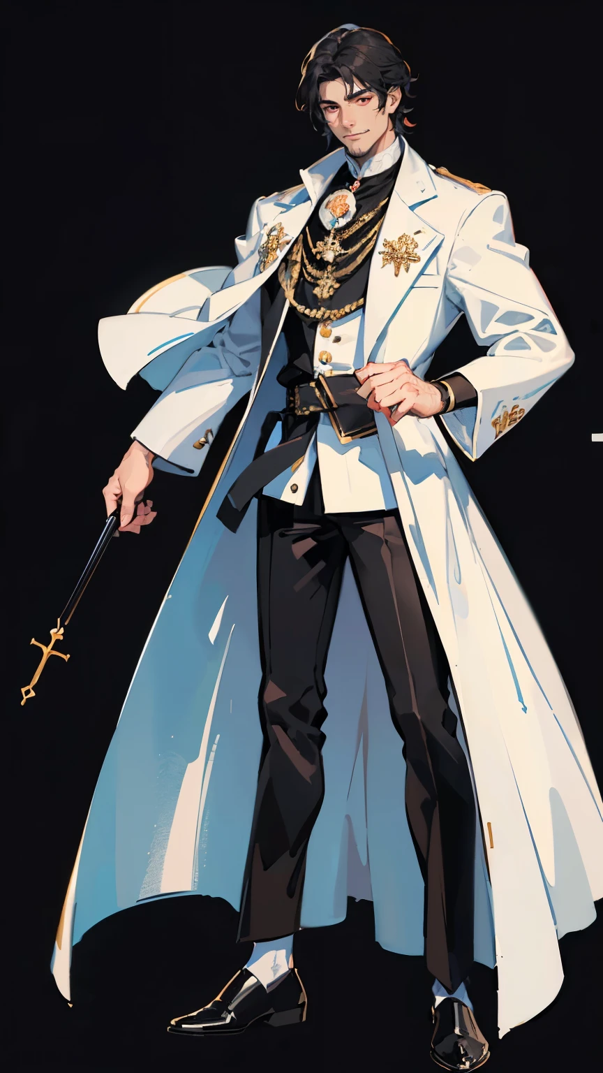 ((masterpiece,best quality,8k,highres)),((character concept art)), 1 male, middle-age adult male, Catholic Bishop, 190 cm height, big back head hairstyle (black hair colour), ultra finely detailed eyes (red eyes colour), extraordinary handsome, charming, smirk smile, short stubble beard, incredible body build ((muscular)), ((intricate detail)), super finely detailed hands, ultra finely detailed fingers(((ten fingers))), Catholic Bishop full outfit (white outfit colour), black pants, black shoes, (standing still), (full body showcase), (show full body), (no logos on background), (no logo), ((plain background)), ((plain background)), (((empty background)))