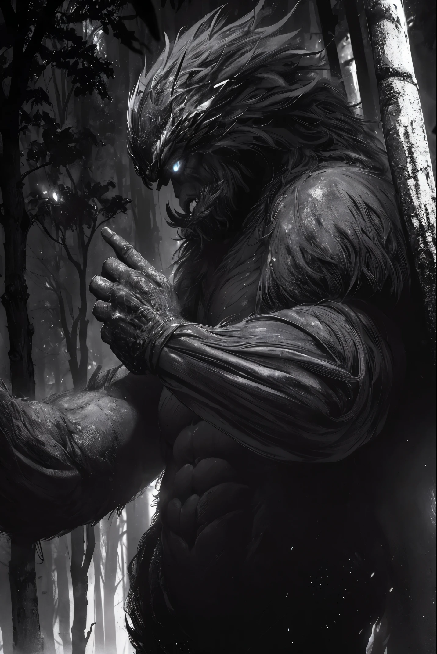 scary giant humanoid creature, body: robust, hairy, and muscular, texture: aged bark, head: long gray hair, body color: black, eye color: green, fingers: long and hardened claws, location: leans back against an old tree, action: smoking cigarette, atmosphere: drenched in shadows, color: deep and rich dark tones, perspective: lower angle, emotions: unease, fascination, resolution: high resolution, cinematic, hyper-realistic, detailed.