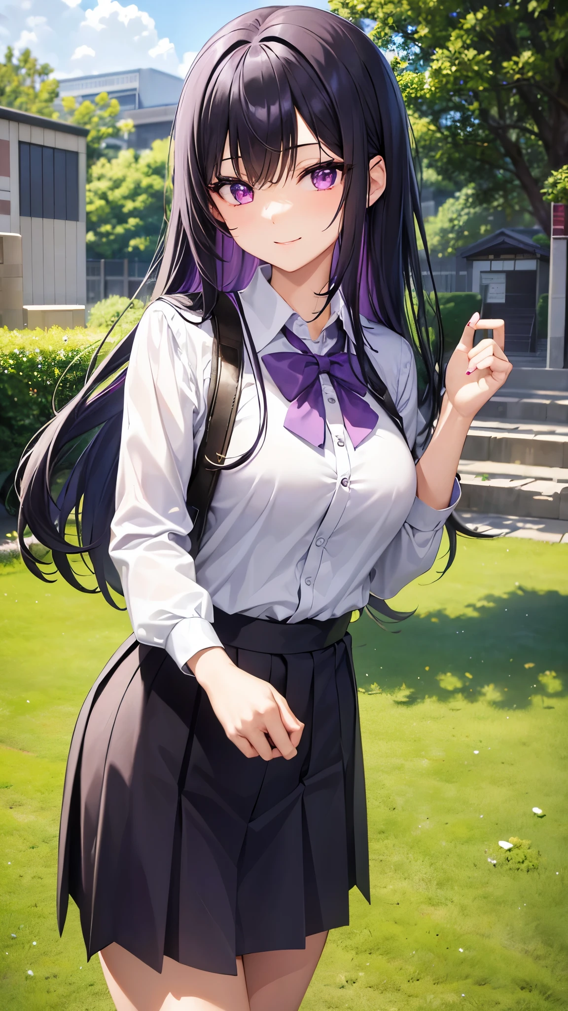 female with a feminine body, black hair with purple highlights, long hair, bangs, white skin, purple eyes, feminine face shape, she was wearing her black japanese girl school uniform, the scenery is school, smile face. 