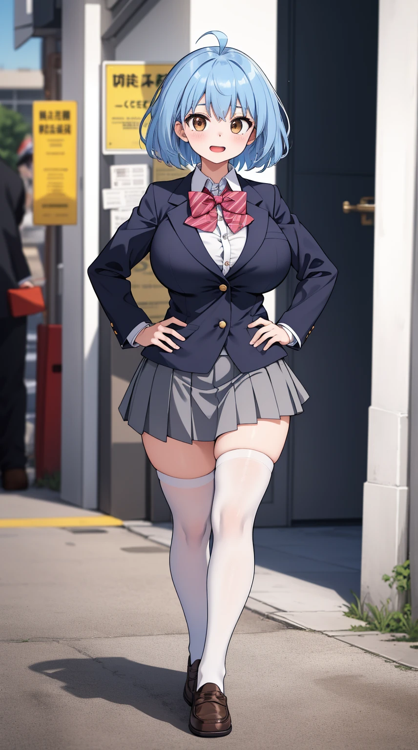 (Beautiful, Huge_Breasts), (Extremely short skirt:1.4), illustration of men gender change to women in school uniform, short hair, blue hair, blush, bangs, closed mouth, brown eyes, 

1 girl, 20yo,YOUNG female, Beautiful Finger, Beautiful long legs ,Beautiful body ,Beautiful Nose ,Beautiful character design, perfect eyes, perfect face,(Beautiful,Huge_Breasts:1.3)

an anime/cartoon character wearing a girls school uniform walking upright with straight posture and an open mouth, 1girl, solo, thigh-highs, ブレザー burezaa (Blazer), ahoge, long hair, white thighhighackground, hand on hip, full body, bow, school uniform, looking at viewer, bowtie, shoes, loafers, ribbon,

official art, extremely detailed CG unity 8k wallpaper, perfect lighting,Colorful, Bright_Front_face_Lightinasterpiece:1.0),(best_quality:1.0), ultra high res,4K,ultra-detailed,
photography, 8K, HDR, highres, absurdres:1.2, Kodak portra 400, film grain, blurry background, bokeh:1.2, lens flare, (vibrant_color:1.2)
, (beautiful_face:1.5),(narrow_waist), 