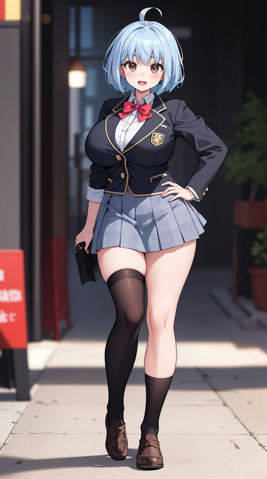 (Beautiful, Huge_Breasts), (Extremely short skirt:1.4), illustration of men gender change to women in school uniform, short hair, blue hair, blush, bangs, closed mouth, brown eyes, 

1 girl, 20yo,YOUNG female, Beautiful Finger, Beautiful long legs ,Beautiful body ,Beautiful Nose ,Beautiful character design, perfect eyes, perfect face,(Beautiful,Huge_Breasts:1.3)

an anime/cartoon character wearing a girls school uniform walking upright with straight posture and an open mouth, 1girl, solo, thigh-highs, ブレザー burezaa (Blazer), ahoge, long hair, white thighhighackground, hand on hip, full body, bow, school uniform, looking at viewer, bowtie, shoes, loafers, ribbon,

official art, extremely detailed CG unity 8k wallpaper, perfect lighting,Colorful, Bright_Front_face_Lightinasterpiece:1.0),(best_quality:1.0), ultra high res,4K,ultra-detailed,
photography, 8K, HDR, highres, absurdres:1.2, Kodak portra 400, film grain, blurry background, bokeh:1.2, lens flare, (vibrant_color:1.2)
, (beautiful_face:1.5),(narrow_waist), 