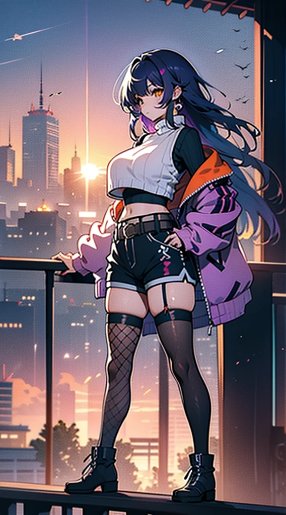 (masterpiece), high-definition, korean girl, big boobs, big hips, messy dark purple hair, orange eyes, crop top sweater, jacket, shorts, belt, thong, thigh high stockings, boots, fishnet, balcony, leaning on the railing, sunset