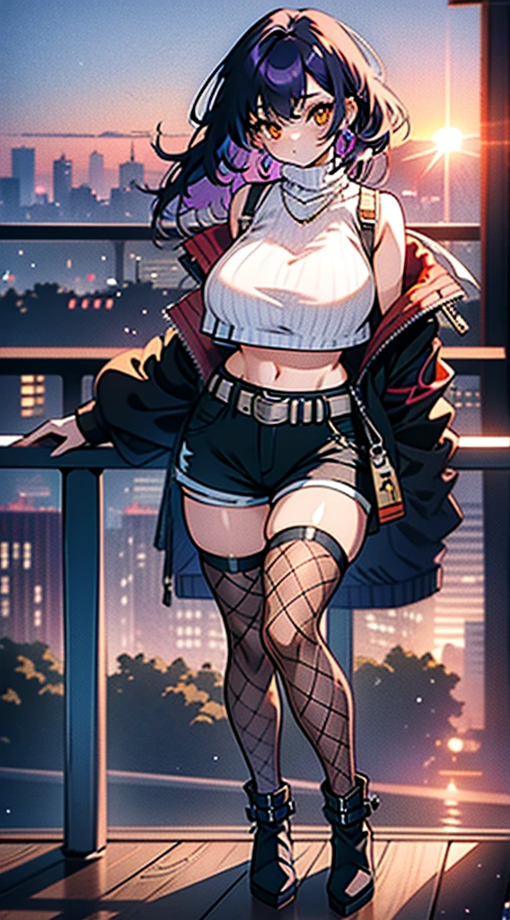 (masterpiece), high-definition, korean girl, big boobs, big hips, messy dark purple hair, orange eyes, crop top sweater, jacket, shorts, belt, thong, thigh high stockings, boots, fishnet, balcony, leaning on the railing, sunset