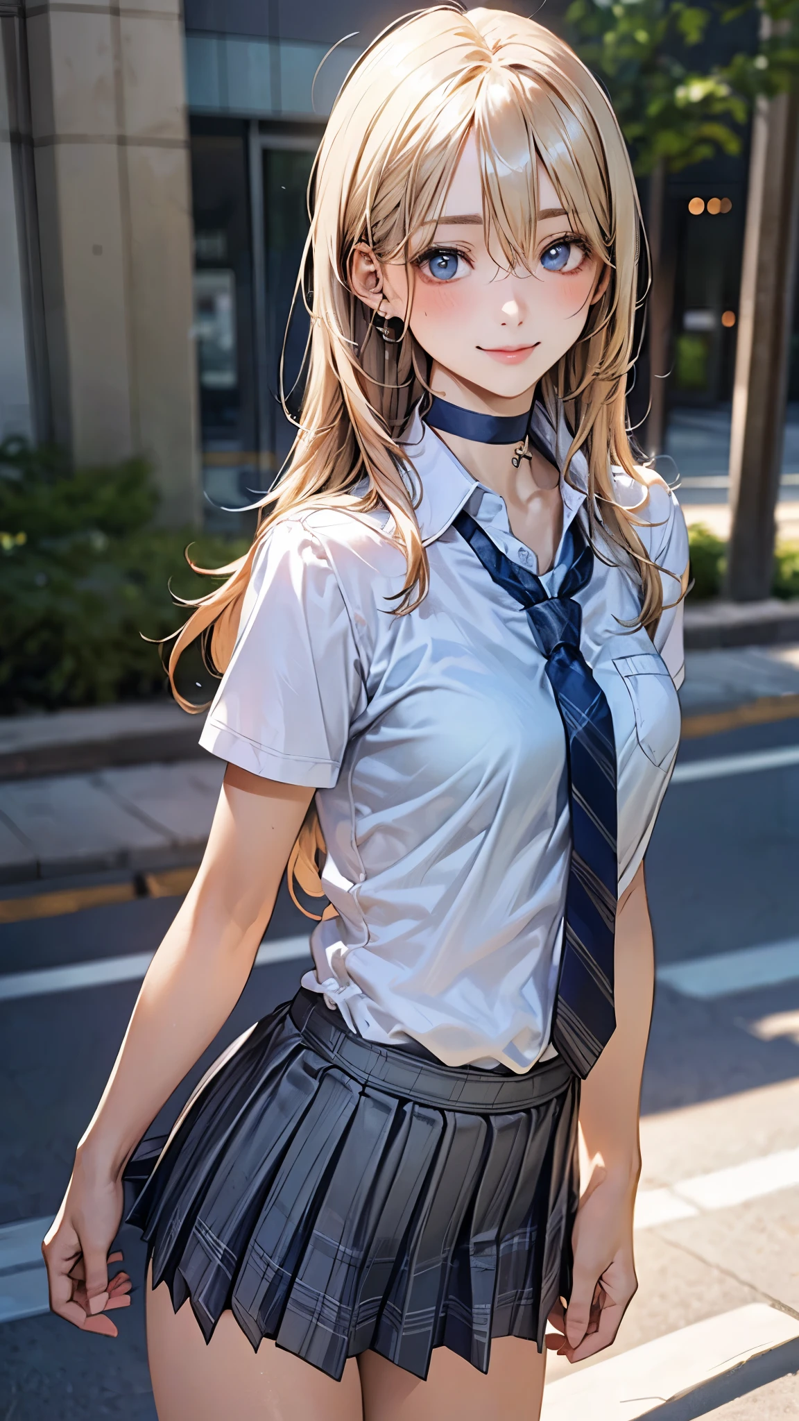 (masterpiece:1.2, top-quality), (realistic, photorealistic:1.4), beautiful illustration, (natural side lighting, movie lighting),
looking at viewer, full body, 1 girl, japanese, high school girl, perfect face, cute and symmetrical face, suntan, shiny skin,
(long hair:1.5, straight hair:1.4, blond hair), hair between eyes, emerald green eyes, long eye lasher, (large breasts:0.6),
beautiful hair, beautiful face, beautiful detailed eyes, beautiful clavicle, beautiful body, beautiful chest, beautiful thigh, beautiful legs, beautiful fingers,
((collared short sleeve shirt, light blue shirt, school uniform, grey plaid pleated skirt, navy tie), black choker, wrist chakra), light blue panties,
(beautiful scenery), school, (liftting skirt, standing, open legs), (seductive smile, in heat),
