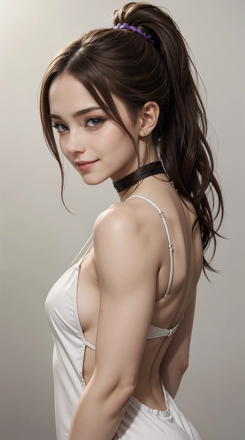 22 year old white female、Hair color is a gradation of brown and purple、eye color is blue、long hair、setting hair、Have a ponytail、accessories on wrist、I'm wearing a choker、skin is smooth、smile、Slender but muscular body、My heart is pounding、high resolution、Skin is shiny、Wearing a slip dress、wearing high heels、Arms crossed behind your back、上目遣いで恥ずかしそうにsmile