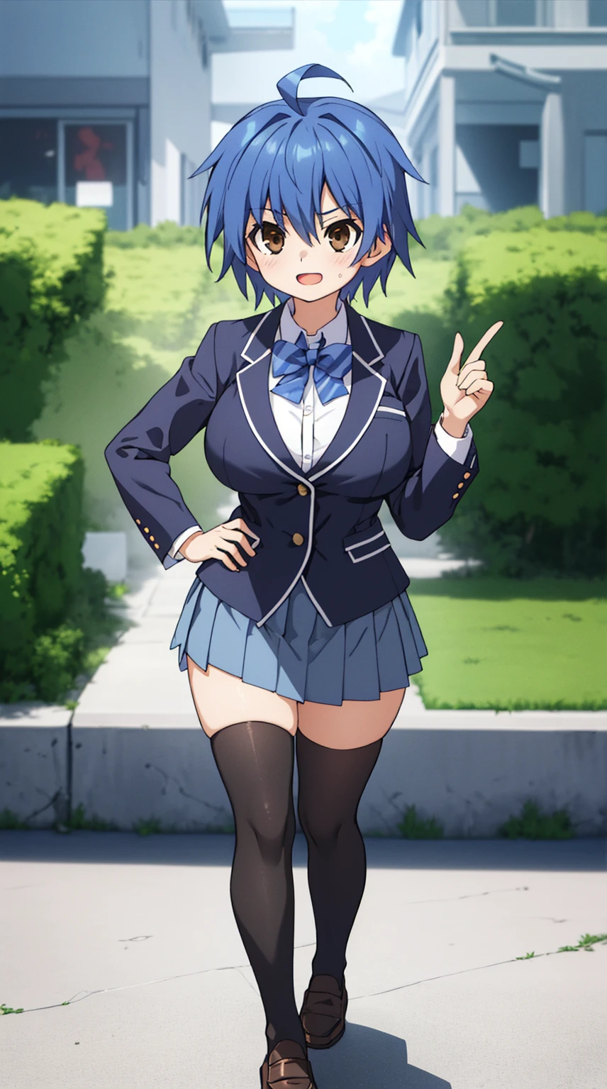 (Beautiful, Huge_Breasts), (Extremely short skirt:1.4), illustration of men gender change to women in school uniform, short hair, blue hair, blush, bangs, closed mouth, brown eyes, 

1 girl, 20yo,YOUNG female, Beautiful Finger, Beautiful long legs ,Beautiful body ,Beautiful Nose ,Beautiful character design, perfect eyes, perfect face,(Beautiful,Huge_Breasts:1.3)

an anime/cartoon character wearing a girls school uniform walking upright with straight posture and an open mouth, 1girl, solo, thigh-highs, ブレザー burezaa (Blazer), ahoge, long hair, white thighhighackground, hand on hip, full body, bow, school uniform, looking at viewer, bowtie, shoes, loafers, ribbon,

official art, extremely detailed CG unity 8k wallpaper, perfect lighting,Colorful, Bright_Front_face_Lightinasterpiece:1.0),(best_quality:1.0), ultra high res,4K,ultra-detailed,
photography, 8K, HDR, highres, absurdres:1.2, Kodak portra 400, film grain, blurry background, bokeh:1.2, lens flare, (vibrant_color:1.2)
, (beautiful_face:1.5),(narrow_waist), 