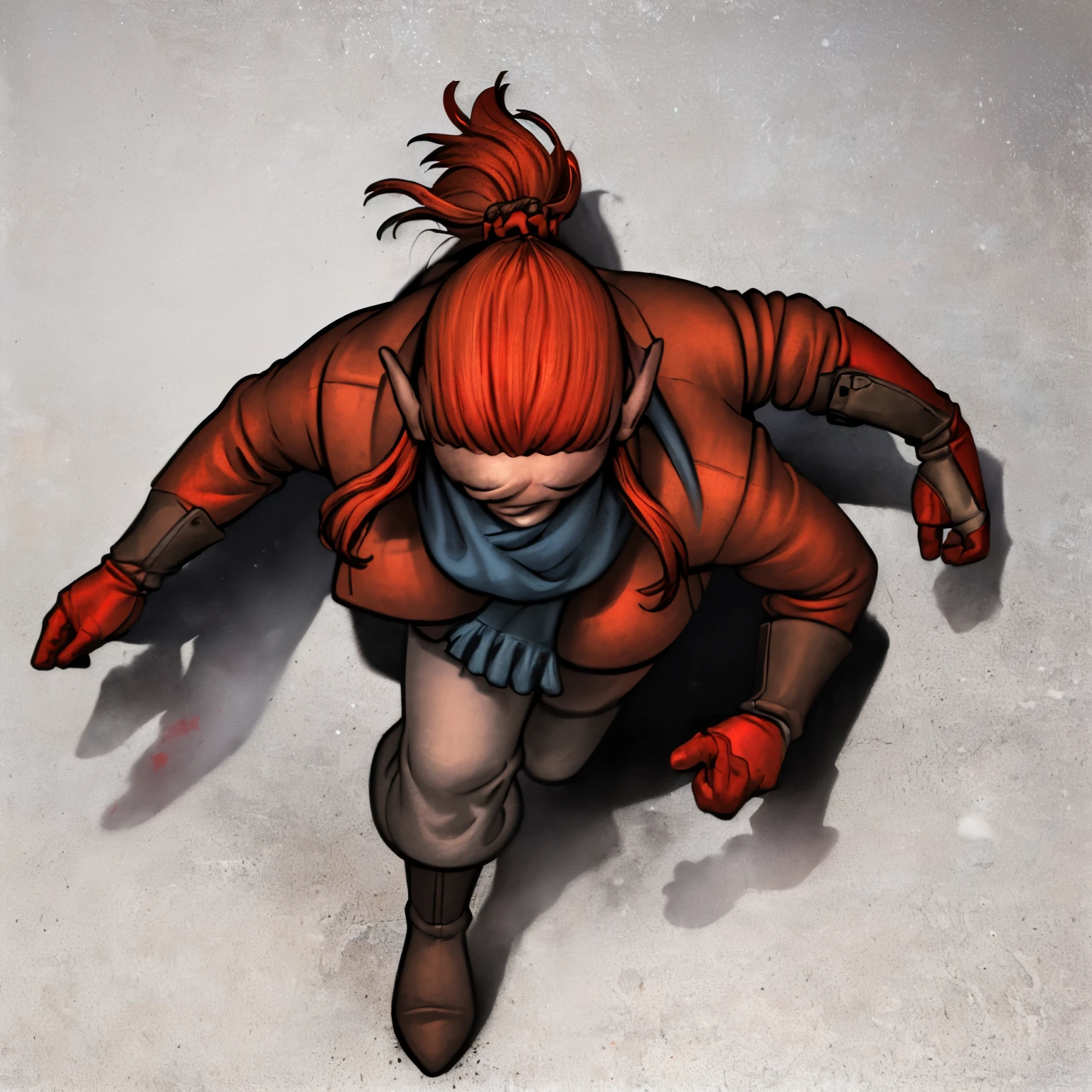 (best quality,4k,8k,highres,masterpiece:1.2),ultra-detailed,(realistic,photorealistic,photo-realistic:1.37),grey background,simple background,top down,from above,(red-head woman:1.4),contemporary winter clothes,in her late twenties,long coat,scarf,leather gloves,winter boots,subtle shadows,vivid colors,subtle winter daylight