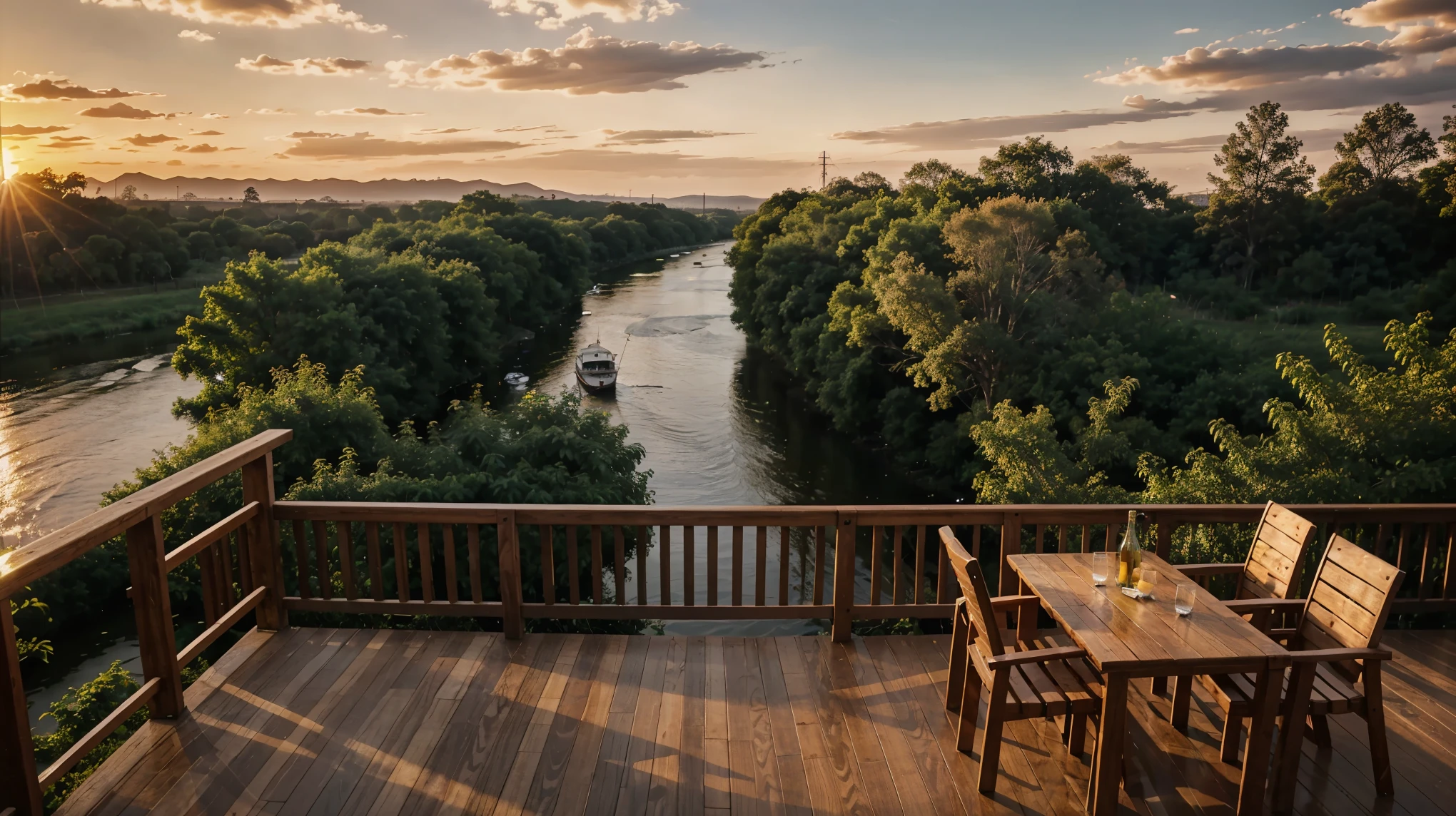 I can see the river at sunset, wooden deck, Background photo