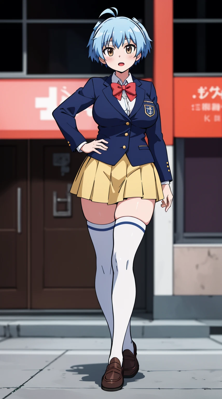 (Beautiful, Huge_Breasts), (Extremely short skirt:1.4), illustration of Nagisa Shiota in school uniform, pony tail hair style, blue hair, blush, bangs, closed mouth, brown eyes, 

1 girl, 20yo,YOUNG female, Beautiful Finger, Beautiful long legs ,Beautiful body ,Beautiful Nose ,Beautiful character design, perfect eyes, perfect face,(Beautiful,Huge_Breasts:1.3)

an anime/cartoon character wearing a girls school uniform walking upright with straight posture and an open mouth, 1girl, solo, thigh-highs, ブレザー burezaa (Blazer), ahoge, long hair, white thighhighackground, hand on hip, full body, bow, school uniform, looking at viewer, bowtie, shoes, loafers, ribbon,

official art, extremely detailed CG unity 8k wallpaper, perfect lighting,Colorful, Bright_Front_face_Lightinasterpiece:1.0),(best_quality:1.0), ultra high res,4K,ultra-detailed,
photography, 8K, HDR, highres, absurdres:1.2, Kodak portra 400, film grain, blurry background, bokeh:1.2, lens flare, (vibrant_color:1.2)
, (beautiful_face:1.5),(narrow_waist), 