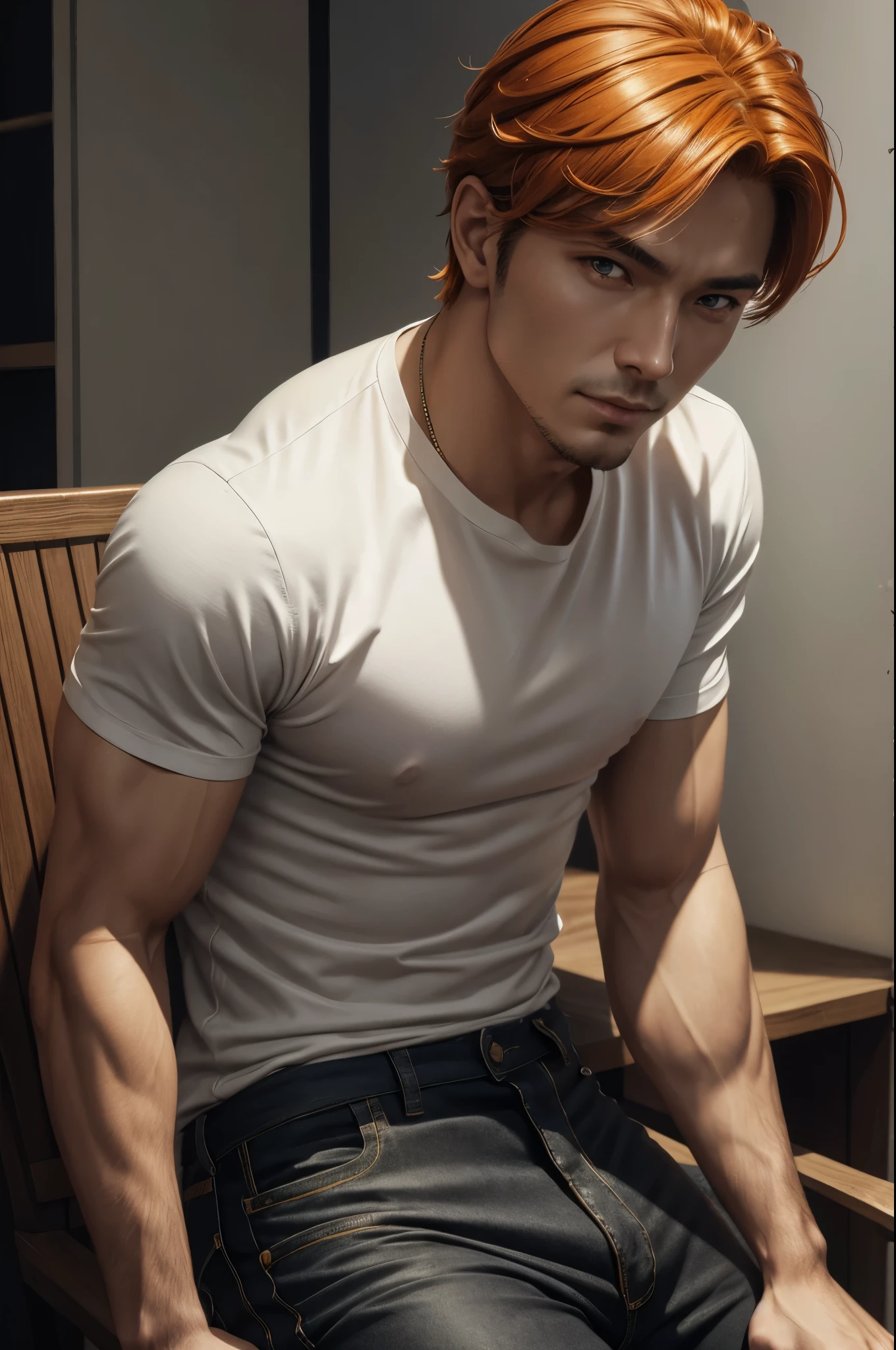 8K,超イケメンのgod様,Fearless face,Close-up of a man with orange hair and casual clothes, 筋肉マッチョのgod,severely cracked abs,golden eyes(shining gold effect)godブランド, a handsome guy, by Jan J., Highly detailed ArtGerm, Stanley Artgerm Rau, Portrait of Lang,, Written by Ruan Jia and Stanley Artgerm, Ross Draw Digital Painting, inspired by Jan J.in, Art Germ JSC,Super high resolution,super realistic skin,fantasy art,(masterpiece)god々new red, luxury black pants,white t-shirt,black jeans,Brown leather jeans,