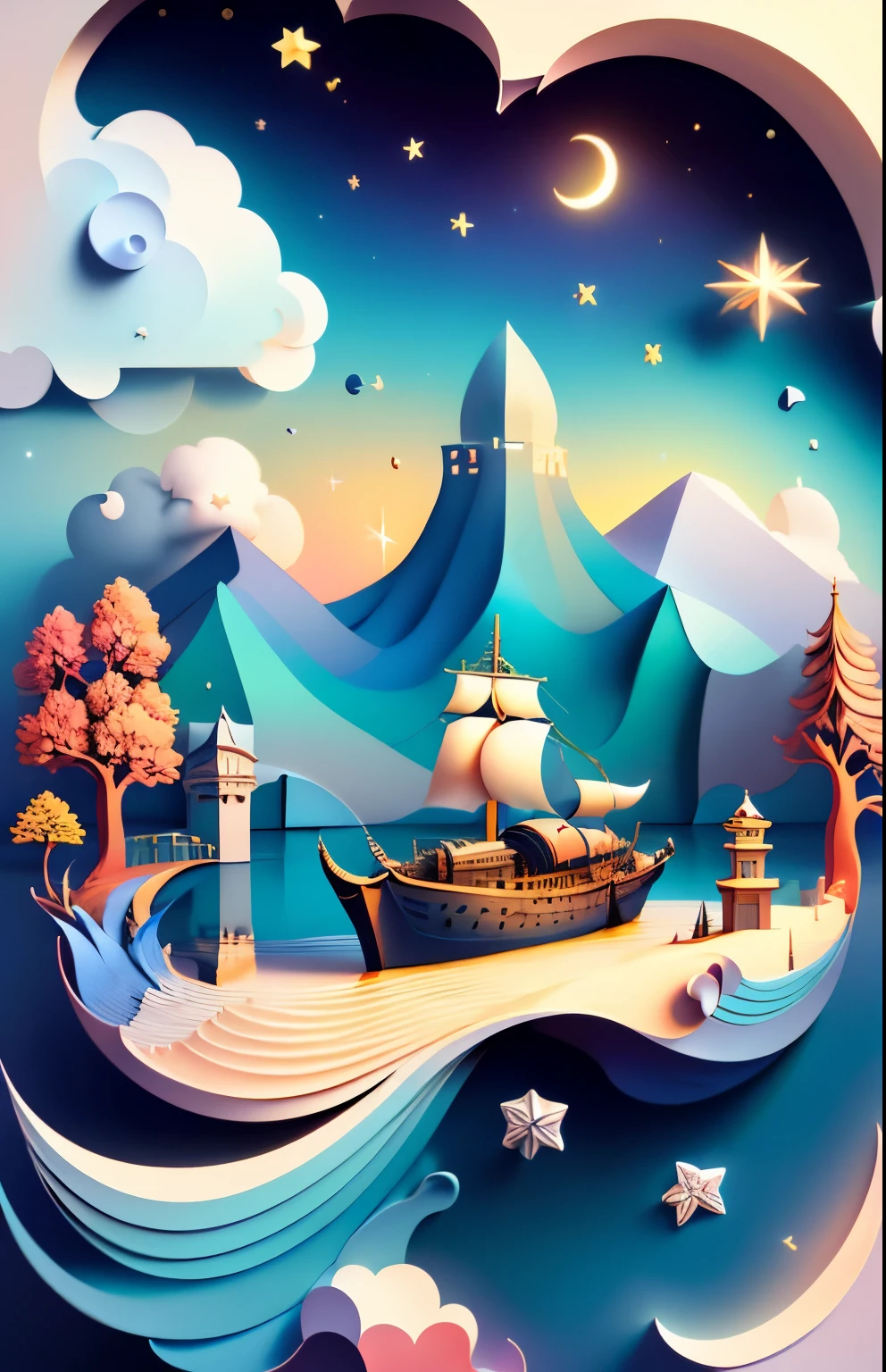 (((masterpiece))),best quality, illustration, sky, cloud, water, star \(symbol\), tree, no humans, night, bird, moon, building, small island, star \(sky\), night sky, scenery, starry sky, watercraft, castle, ship, waves, tower, boat. vibrant color scheme, Soft light,(warm color:1.2),Water color painting, light background, best quality exquisite details,3d rendering,Octane render, pastel, _cut