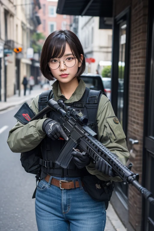 {{Masterpiece、best quality、Very detailed CG、16 ก、film light、lens flare}}、blurred background、(One man soldier aimsing a huge rifle)、Day 24、Bold、Clean, white teeth、realistic:1.4、black short hair 、blue eyeany weaponilitary helicopter:1.6))、special forces、war、Shinjuku at night、from above view、aims、aims、Knee shot、Wide viewing angle、Fight zombies