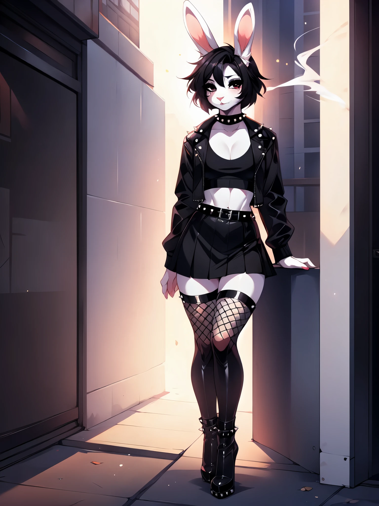 Sadie, solo, female lip rabbit, all white fur, white droopy rabbit ears, black mascara, black make up, black hair, emo style hair, jitome, expressionless, slender body, pink bunny nose, wearing black crop top, black cut off leather jacket, black micro skirt, black fishnets leggings, studded belt, black stiletto boots, leaning against a wall, outdoors, outside of a club, smoking a cigarette, by fumiko, by hyattlen, by hioshiru, high resolution,
