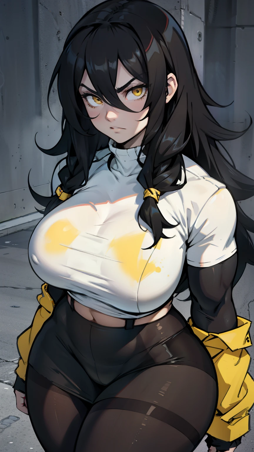 pale angry muscular girl thick breast black hair yellow eyes long hair hair between eyes pantyhose thick thick