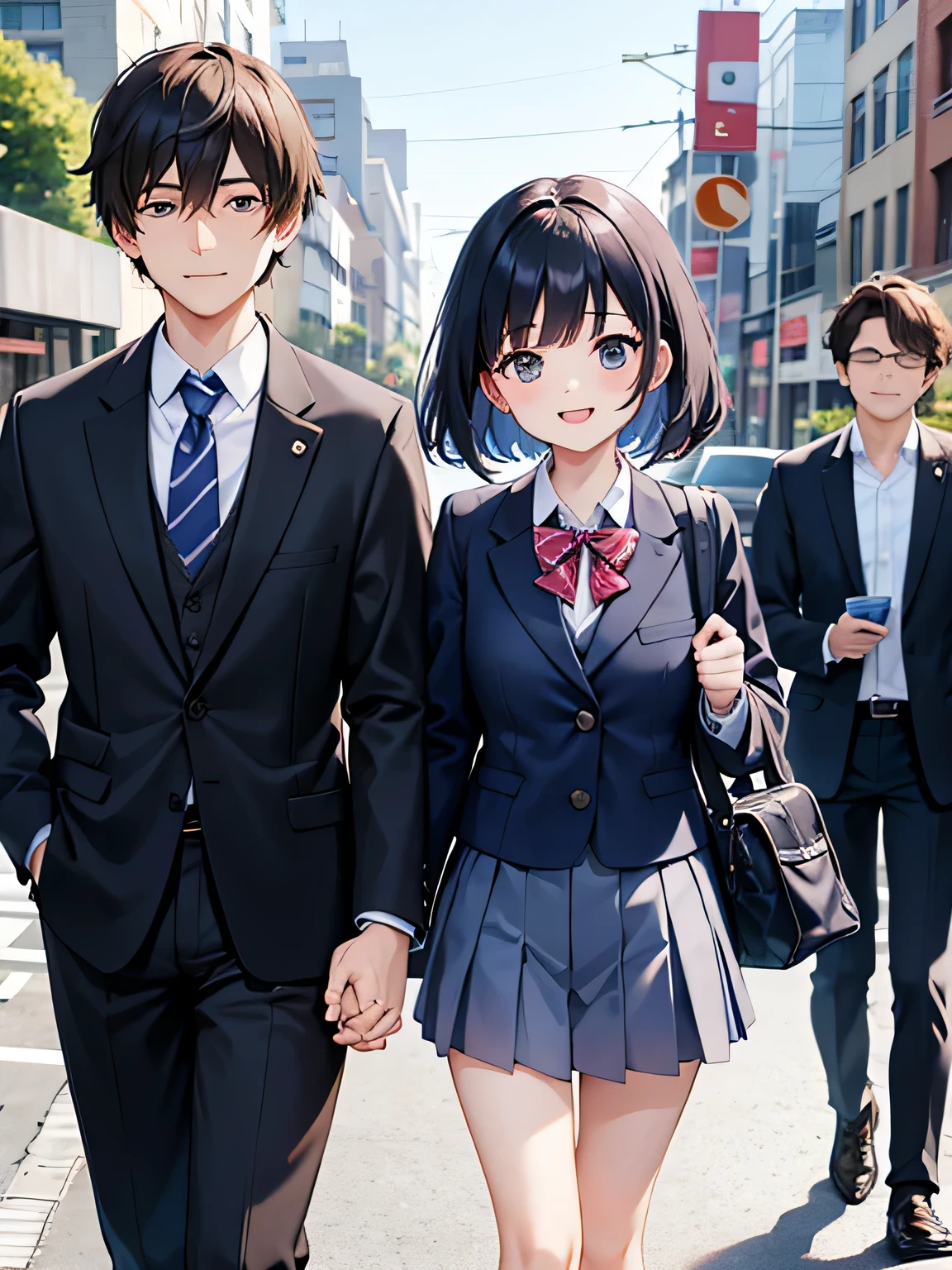(1) A male and female couple walking hand in hand.
(2) The man is about 40 years old, wearing a suit..
(3) The woman is 18 years old, She wears a high school uniform, a miniskirt, and carries a school bag on her back..
(4) they are smiling.
(5) The location is the street in front of the station in the morning..
(6) Describe the scene in close-up.