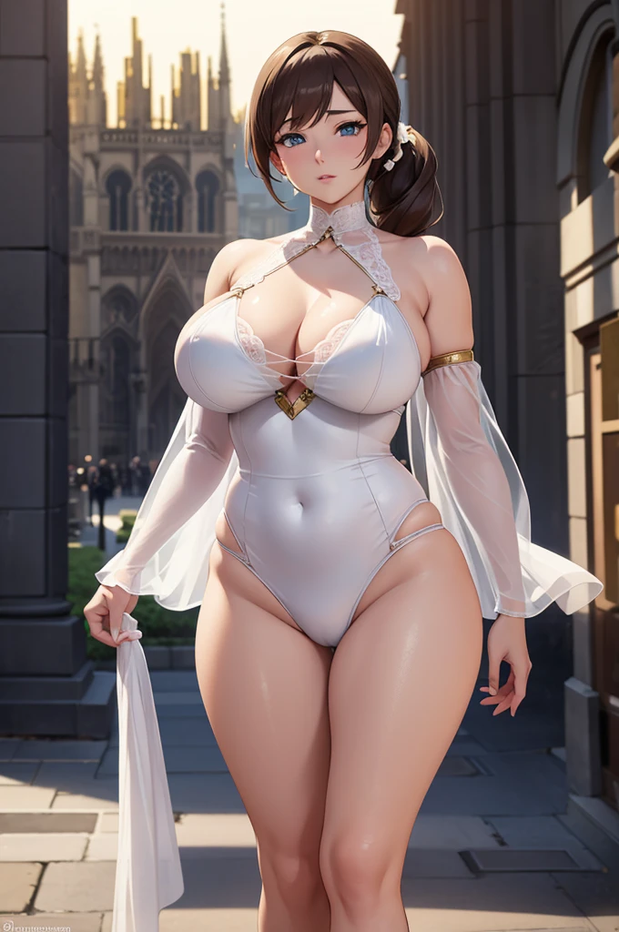 one Rebecca wearing white lingerie with gold accents, mature woman, long brown hair, hair in a ponytail, blue eyes, sexy hourglass figure, standing outside, the Notre Dame in the background, [ 4 k digital art ]!!, seductive anime girl, deviantart artstation cgscosiety, trending on cgstation, 8k high quality detailed art, photorealistic anime girl render, kawaii hq render, commission for high res, thicc