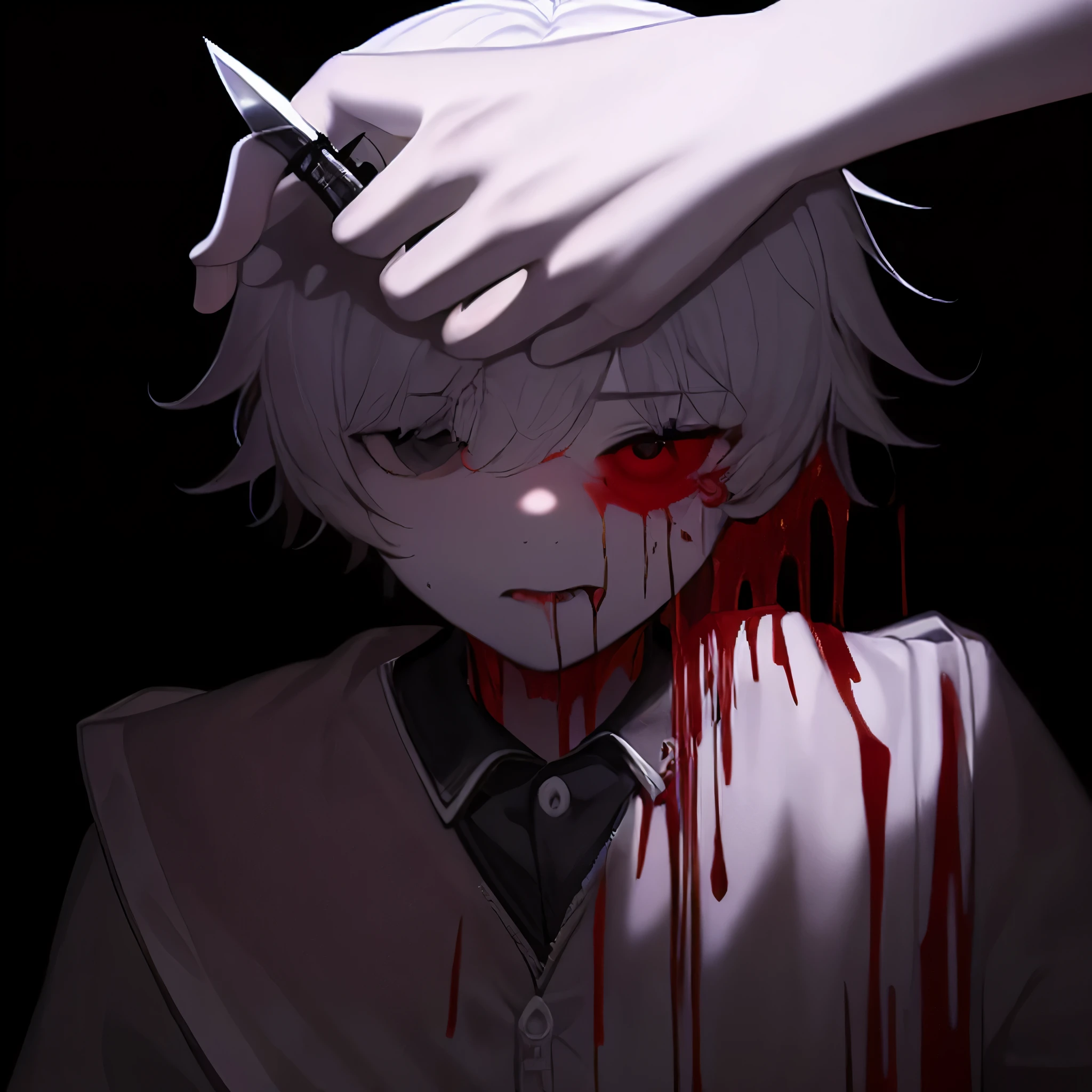 There was blood on his head、Anime character with a knife in his hand, gapmoe sick, gapmoe sick grimdark, sick, portrait gapmoe sick grimdark, Danganronpa digital art, bloody + concept art, Kaneki Lab, 2b, 2b, Kaneki Lab, Komaeda Nagito