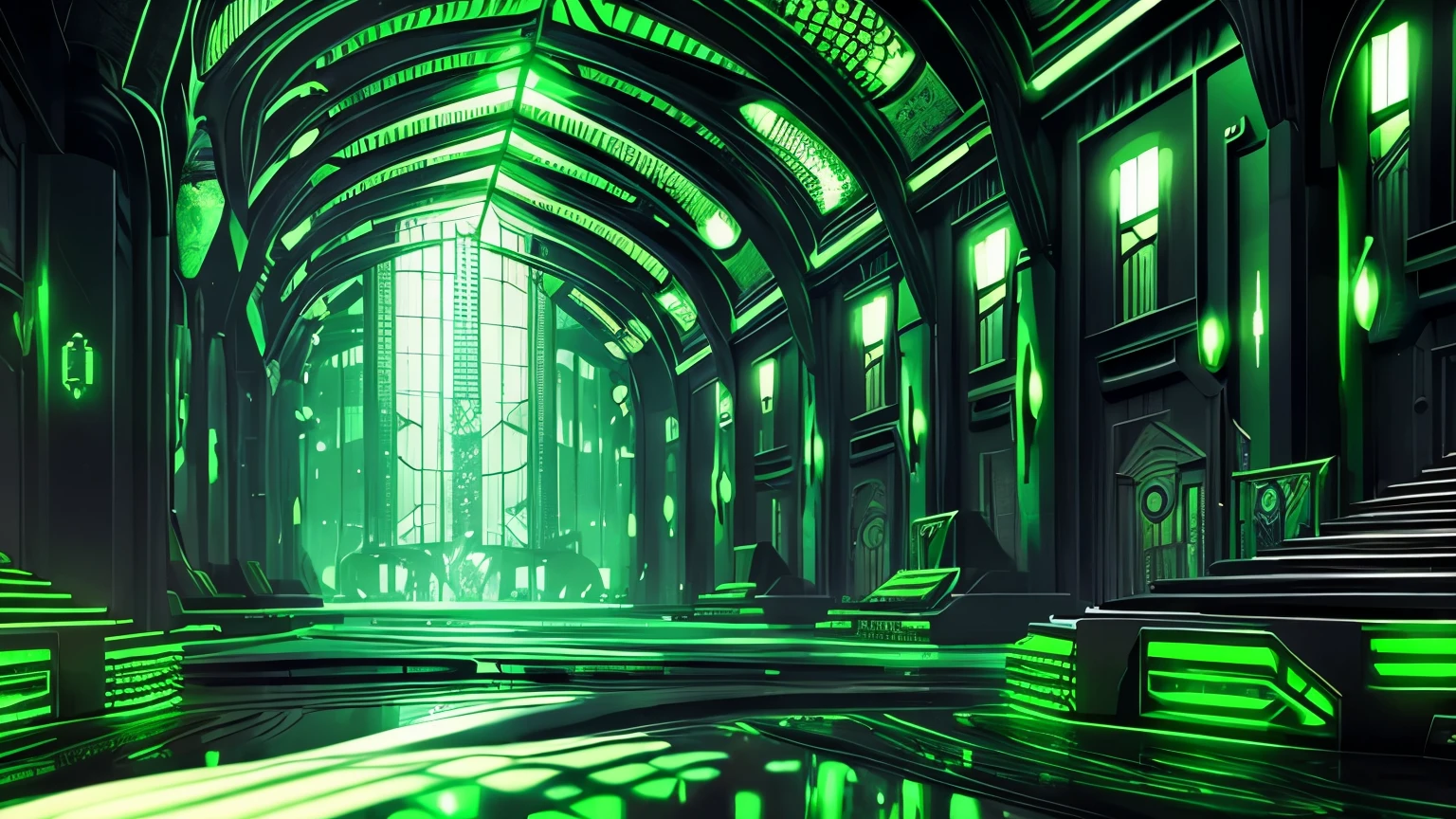 cenario fabrica futurista verde e preto soro verde , surreal fantasy indoor modernist scenery background, luzes flutuantes cyberpunk
