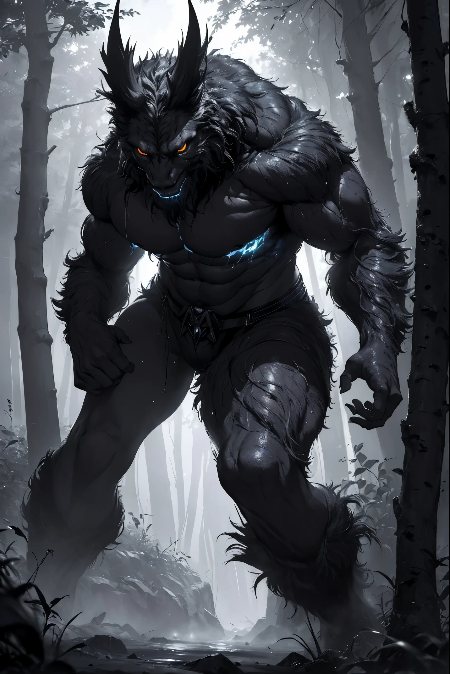 (high quality, 4k, ultra-detailed, realistic, vivid colors, bokeh), (monstrous creature:1.1, dark atmosphere), lightning bolts, abominable being, deep darkness, highly detailed, interplay of light and shadows, particles