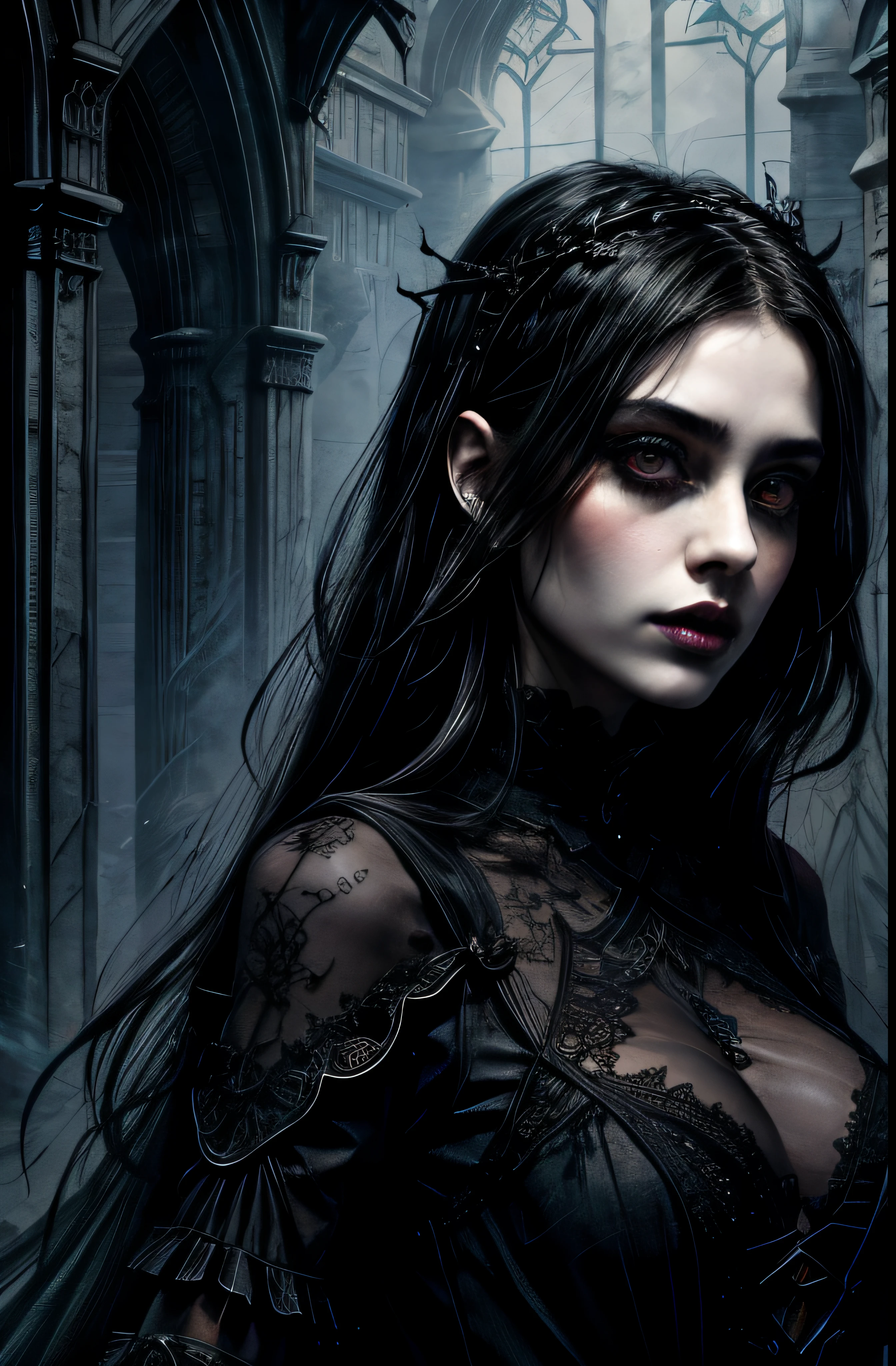 Illustration of a beautiful gothic girl, Fantasie, dark Fantasie, Langes, hochgeschlossenes Kleid mit Spitze, Alter 30, Fantasie, dark Fantasie, Starkes Gesicht, detaillierte Augen, Schwarze Augen