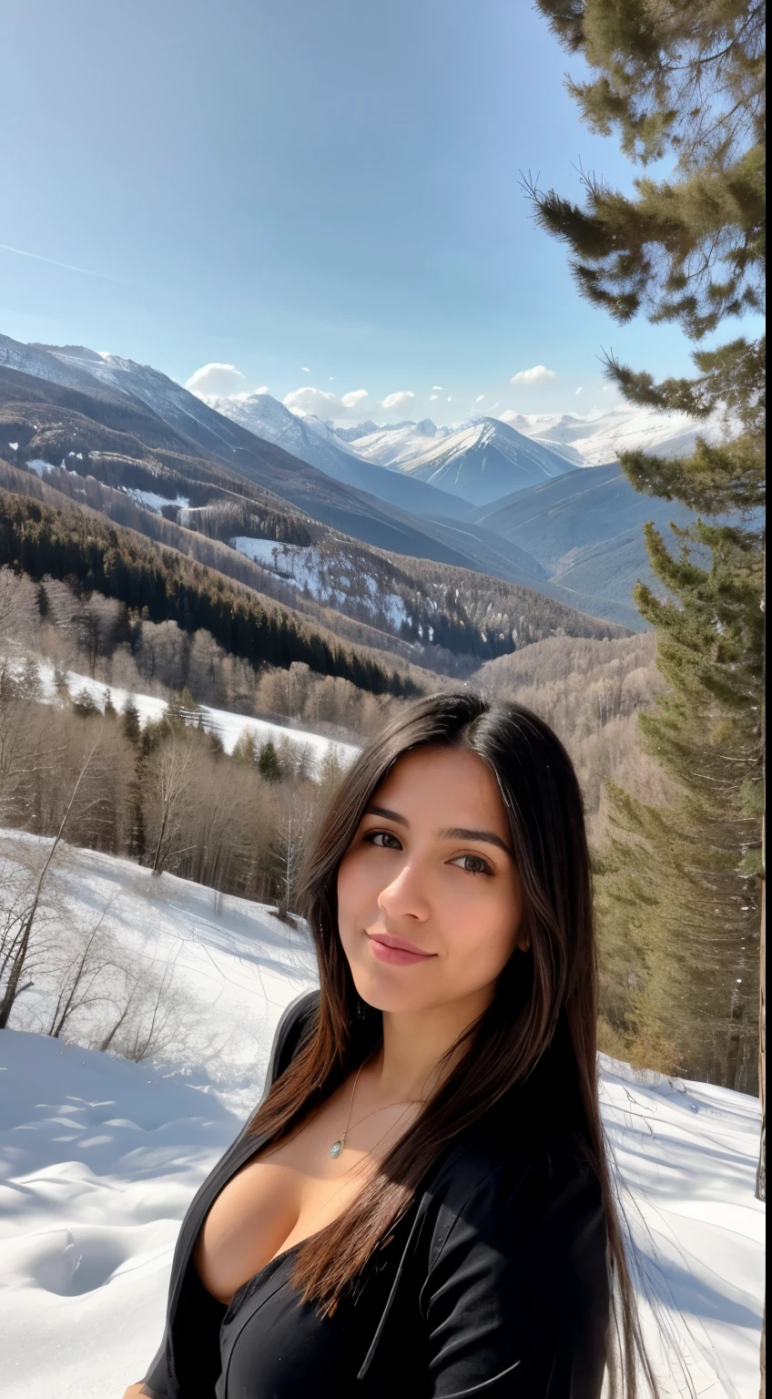 A 29-year-old blonde woman, cum in the face, ((pechos grandes)), ((hiperrealismo)) ,. black hair with light brown roots. cabello rubio, Hair with brown roots, cabello extra largo, cabello muy largo, really long hair, Beautiful, Front view, s elegant black shirt with escote, escotada, photo in the moutains, with snow, high quality, selfie iPhone, cleavage, italian, the photo is take from 3 meter with sony alpha 6000,