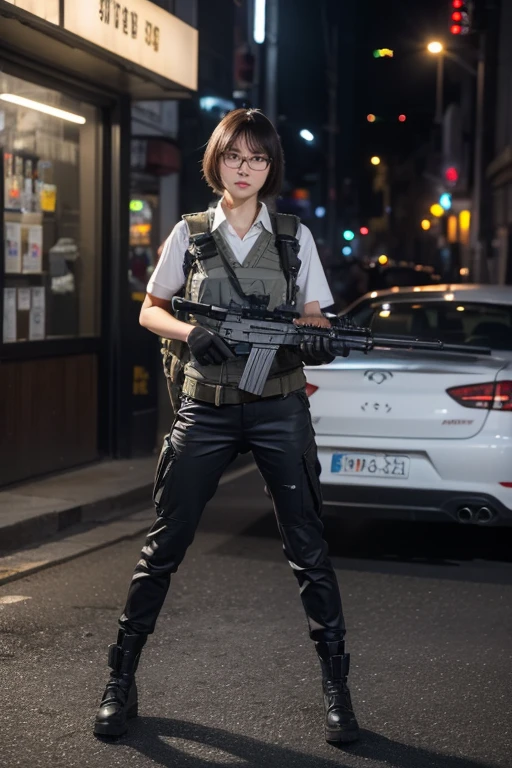 ((best quality)), (top quality)), (masterpiece), photorealistic, photorealism 16K, (16K), 1girl full body, aiming with an mp5 sub-rifle, Combat pose, city street background, bobhaircut, Photorealistic, high resolution, (Detailed face), looking at the camera, (wearing shirt ,gloves, and gray mecha), (round glasses), military harness, (holding a mp5 sub-rifle), Fingers are occluded, 