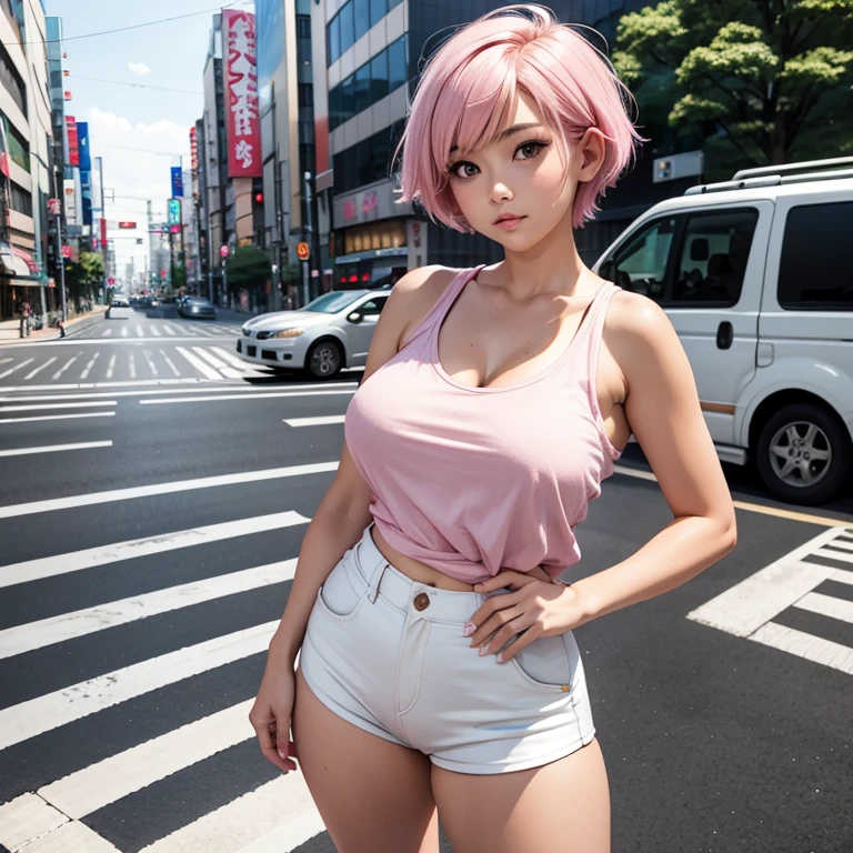 Tokyo, Shibuya, short pixie cut hair fluttering in the wind, pink hair, small breast, plump body figure, high definition, camel toe. Standing on the road with spread legs.