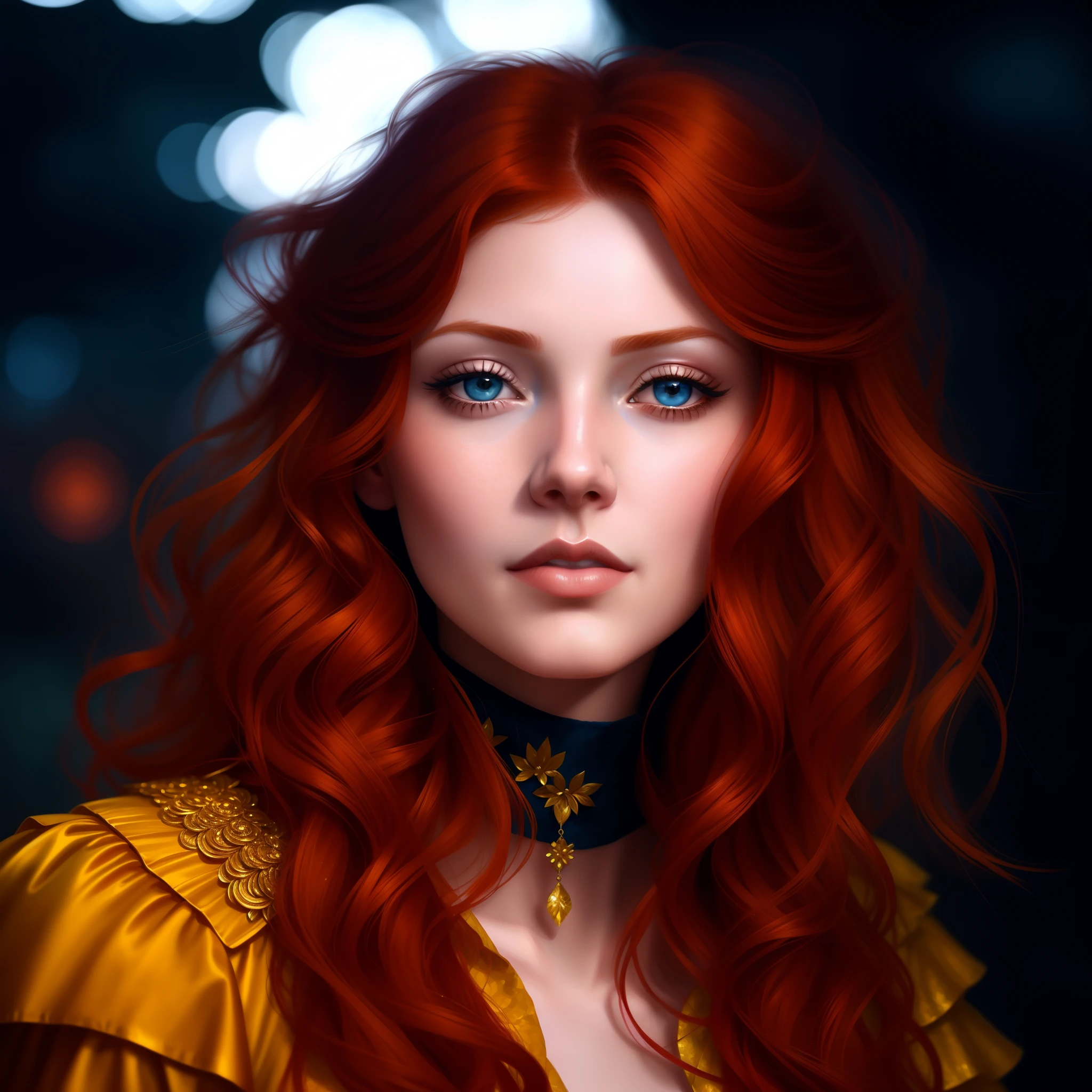 redhead haired woman with blue eyes and red hair in a gold dress, gorgeous digital painting, stunning digital illustration, stunning digital painting, beautiful fantasy art portrait, in the art style of bowater, fantasy art portrait, realistic digital art 4k, realistic digital art 4 k, elegant digital painting, beautiful digital painting, gorgeous digital art, digital fantasy portrait, realistic digital painting
