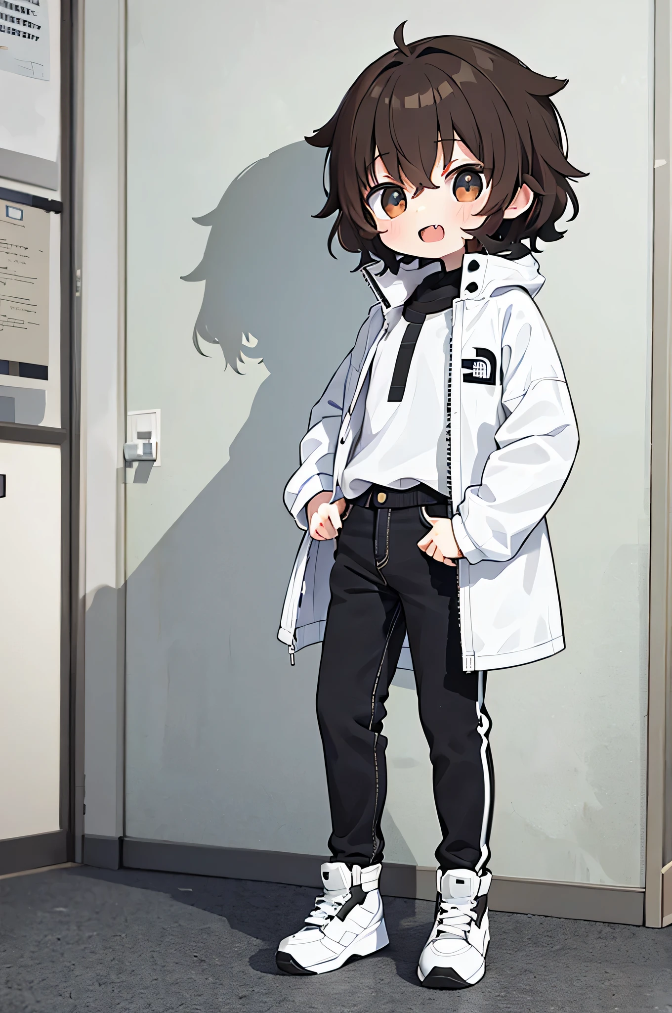 1 person, shota, short curly hair, standing, wearing The North Face white and black long winter jacket, Black jeans, white and black winter sneakers, Brown hair, Brown eyes, fangs, a high resolution, masterpiece