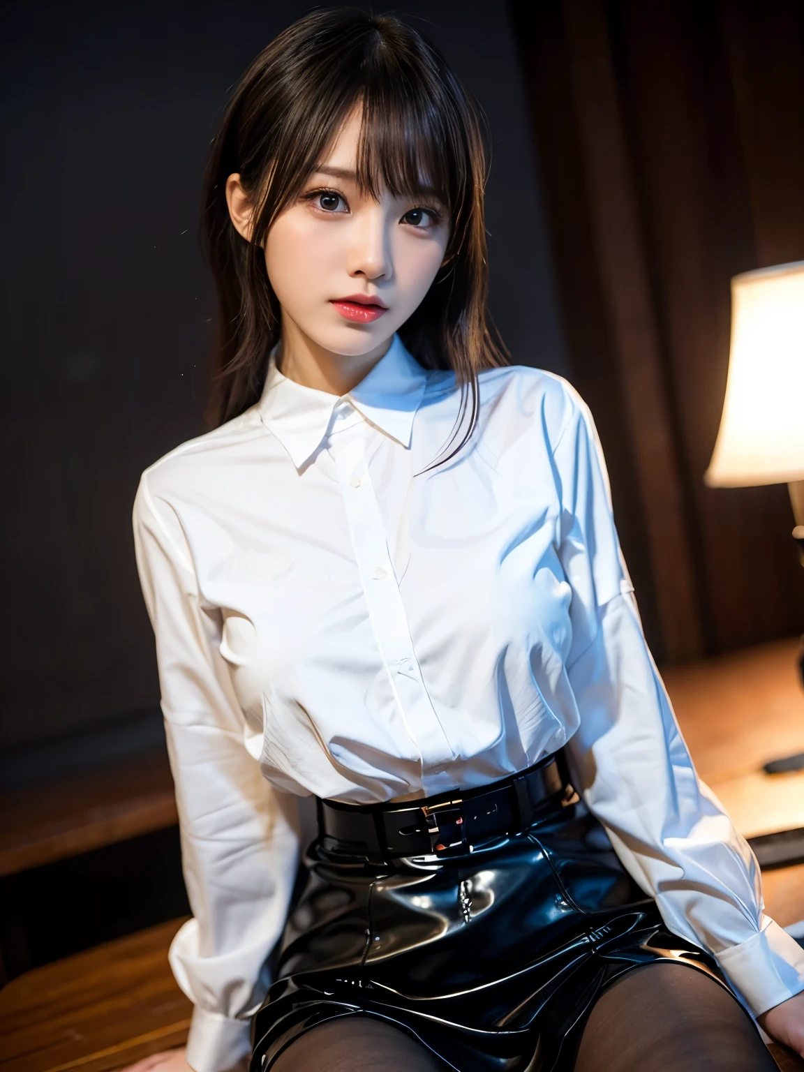 Highest quality、Ultra-high resolution、Professional Lighting、Detailed Background、hotel room、full body,Kobeni-chan、crying a little、25-year-old woman、beautiful girl、(Kobeni-chan、Jet black hair, Black Hair, bangs, One-sided hair,)、(Red Hair Clip:1.1)、(White shirt:1.2)+(Black tie:1.2)+(black long pants for work:1.2)、(Huge breasts that look like they might burst:1.2)、(Big thighs:1.1)、Are standing、Model pose