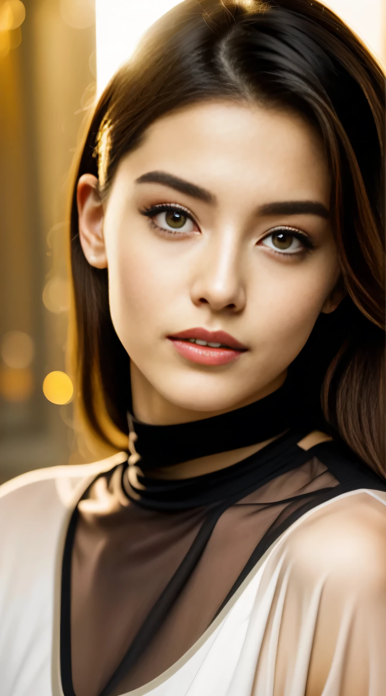 Fashion model 20 years old [[[[melee cleavage]]]], [[[[Climax]]]], [[[[cole]]]], [[[[bshoulder]]]], perfect eyes, Perfect iris，perfect lips，perfect teeth，perfect skin，soft front lighting，shining light，high dynamic range，pure white costume，tee shirt，(face close up)，（black hair），4K Ultra HD, ultra high resolution, (Actually: 1.4), Great 품질, Great，masterpiece，ultra dilution，（pastel colours：1.2）