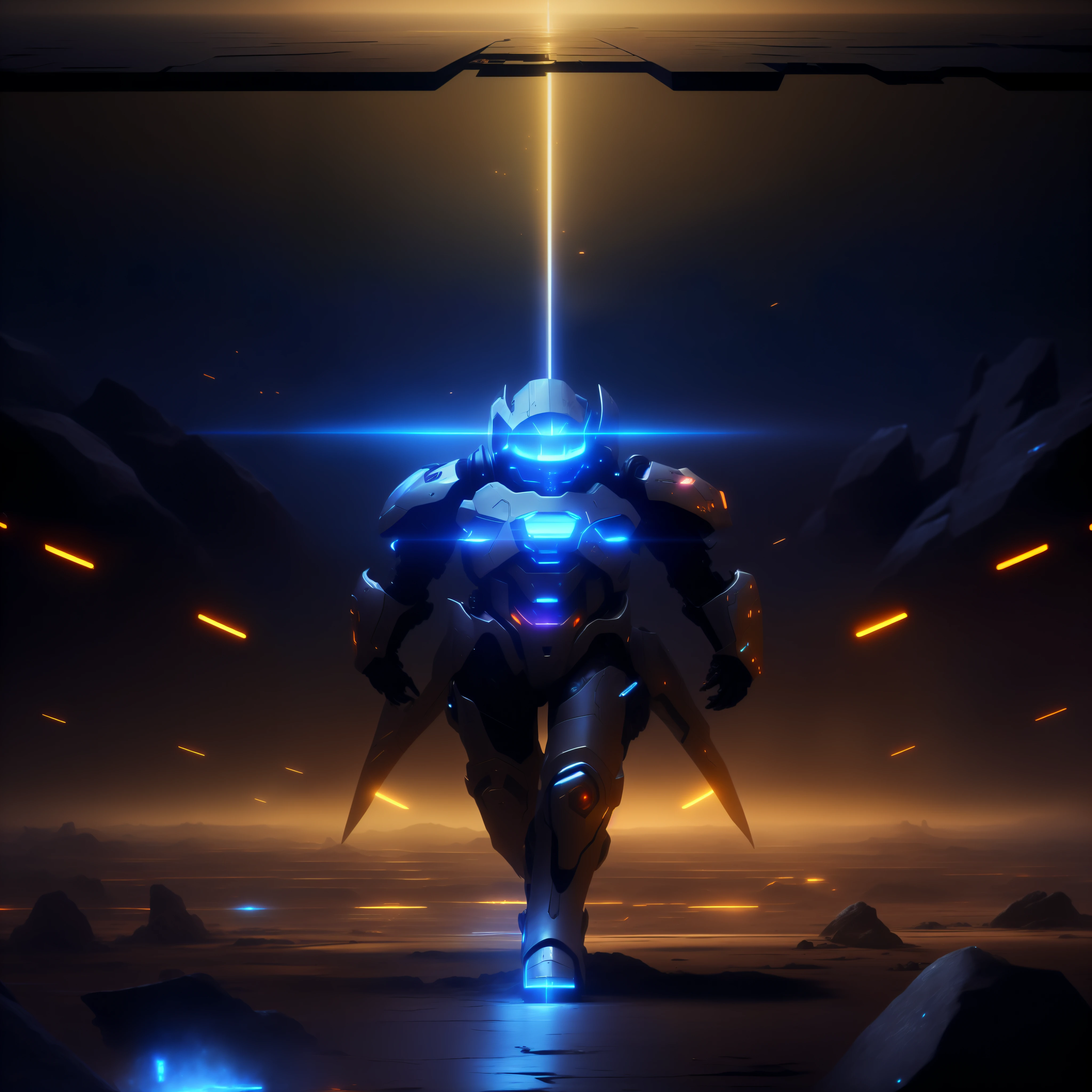 arafed image of a sci - fiction sci - fiction character in a sci - fiction scene, high quality digital concept art, space armor, concept art wallpaper 4k, intricate glowing mecha armor, echo from overwatch, glowing lights in armor, sleek glowing armor, epic scifi character art, cyber fight armor, sci-fi space game art