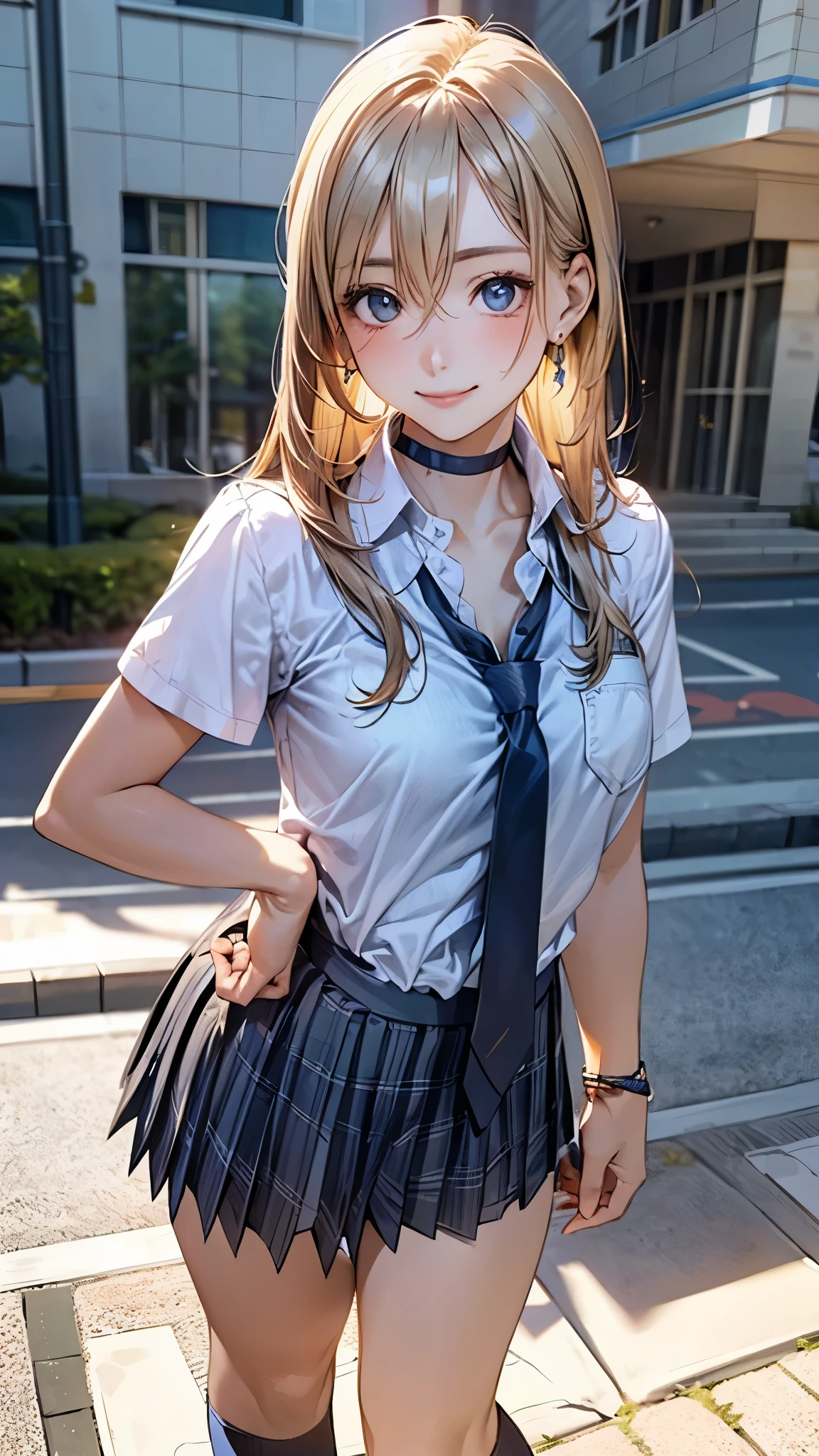 (masterpiece:1.2, top-quality), (realistic, photorealistic:1.4), beautiful illustration, (natural side lighting, movie lighting),
looking at viewer, full body, 1 girl, japanese, high school girl, perfect face, cute and symmetrical face, suntan, shiny skin,
(long hair:1.5, straight hair:1.4, blond hair), hair between eyes, emerald green eyes, long eye lasher, (large breasts:0.6),
beautiful hair, beautiful face, beautiful detailed eyes, beautiful clavicle, beautiful body, beautiful chest, beautiful thigh, beautiful legs, beautiful fingers,
((collared short sleeve shirt, light blue shirt, school uniform, grey plaid pleated skirt, navy tie), black choker, wrist chakra), light blue panties,
(beautiful scenery), school, (liftting skirt, standing, open legs), (seductive smile, in heat),