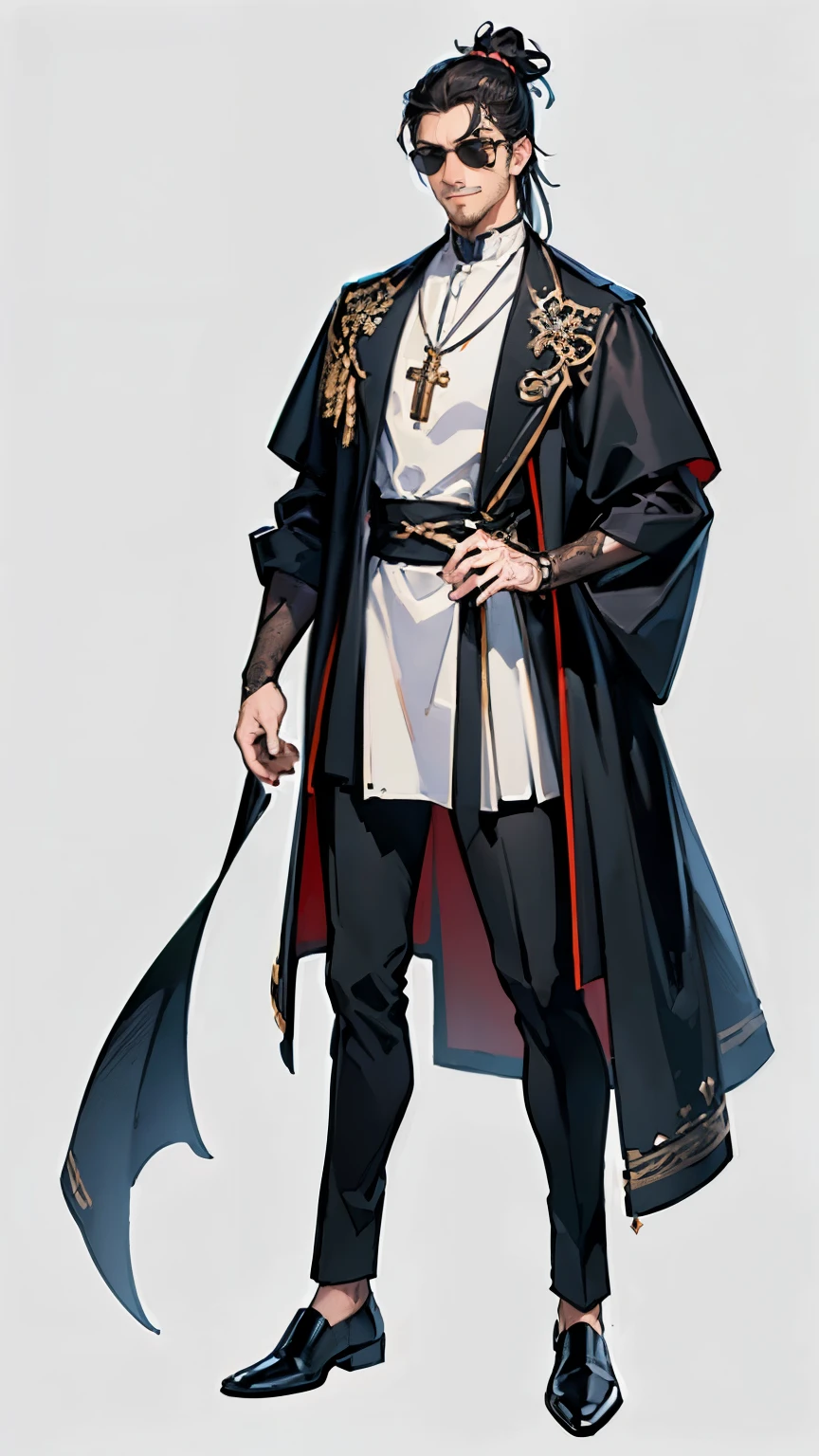 ((masterpiece,best quality,8k,highres)),((character concept art)), 1 male, young adult male, Catholic Priest, 185 cm height, big back head hairstyle,man bun (brunette hair colour), ultra finely detailed eyes, sunglasses extraordinary handsome, charming, smirk smile, stubble beard, incredible body build ((muscular)), ((intricate detail)), super finely detailed hands, ultra finely detailed fingers(((ten fingers))), Catholic priest full outfit (black outfit colour), black pants, black shoes, (standing still), (full body showcase), (show full body), (no logos on background), (no logo), ((plain background)), ((plain background)), (((empty background)))