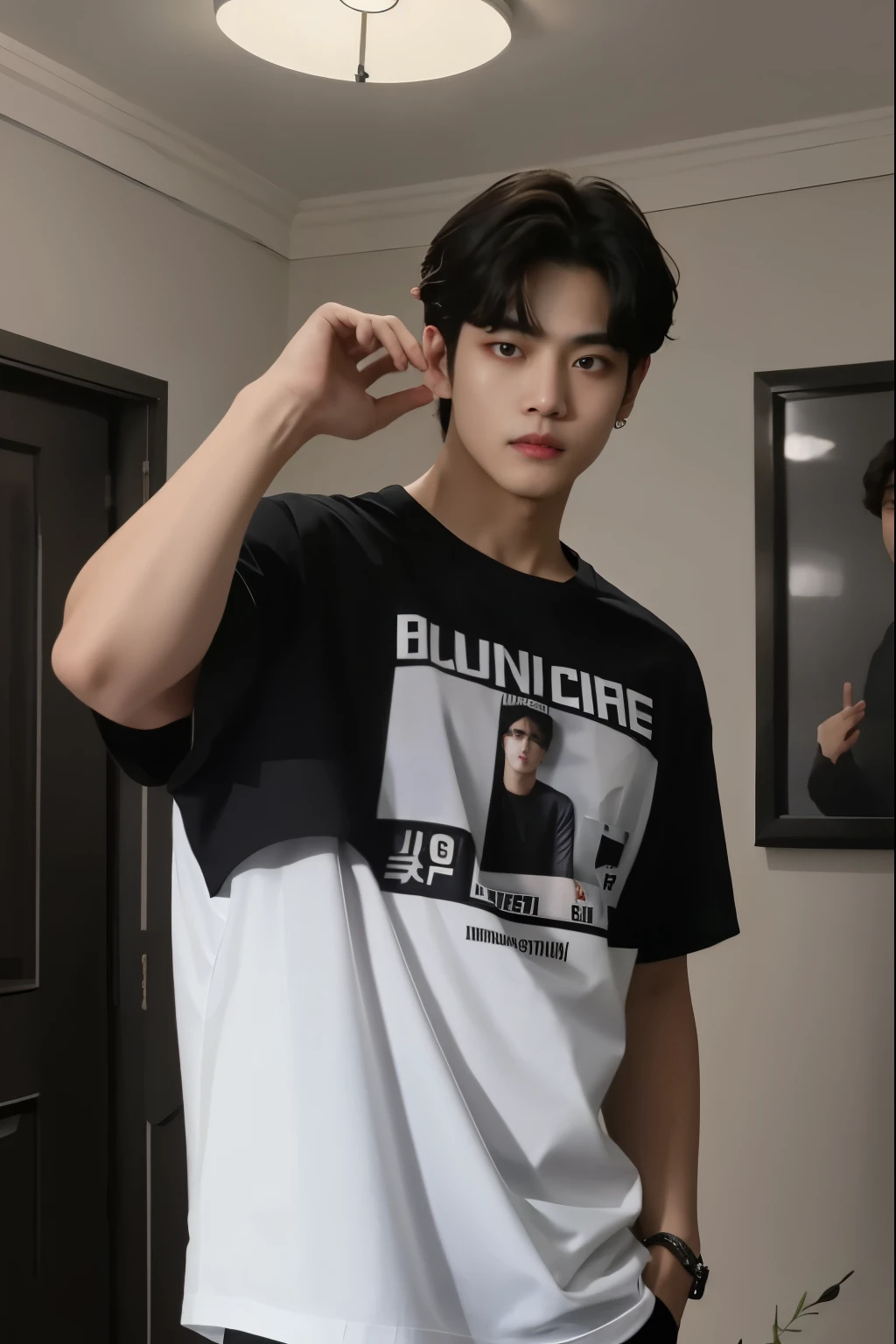 Taehyung com uma camisa preta e branca parado em uma sala, Kim Taehyung, taehyung do BTS, hyung tae, BTS, he is wearing a black t-shirt, Kim Taehyung, Yanjun Chengt, who is siwoo, taejune kim