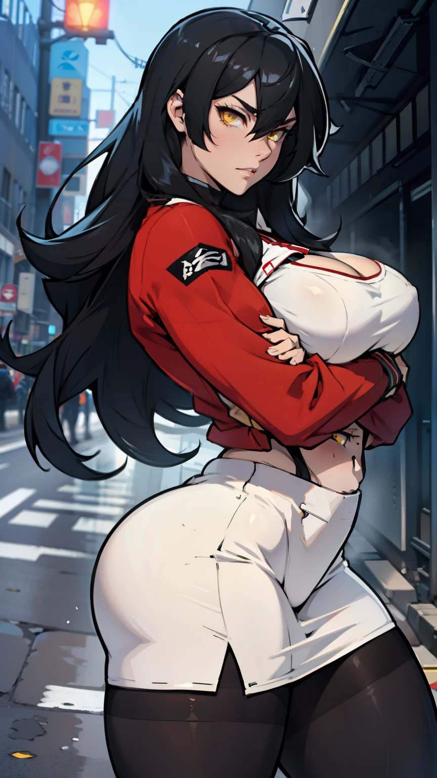 pale angry muscular girl thick breast black hair yellow eyes long hair hair between eyes pantyhose thick thick best quality
