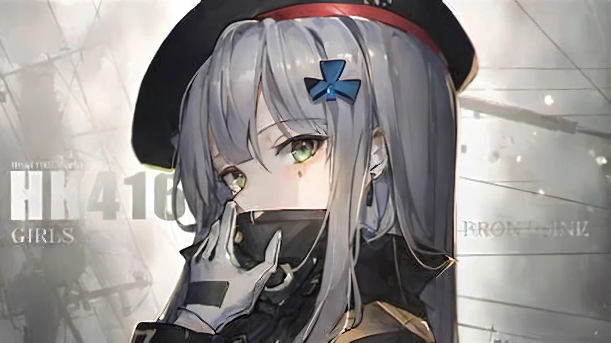 Anime girl wearing black hat and black jacket, from girls frontline, girls frontline style, Exquisite details. girls frontline, girls frontline cg, girls frontline universe, girls frontline, from Ark Night, fleet collection style, Ark Night, anime maid nazi ss military, Use index finger, guweiz on pixiv artstation, Black, gray hair