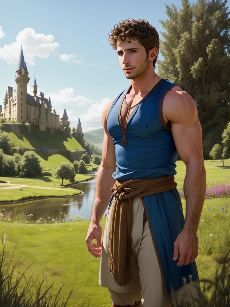 photorealistic, full view. Muscular Julian Morris in a sleeveless blue and tan peasant tunic, in a grassy field with a fantasy castle in the distance.