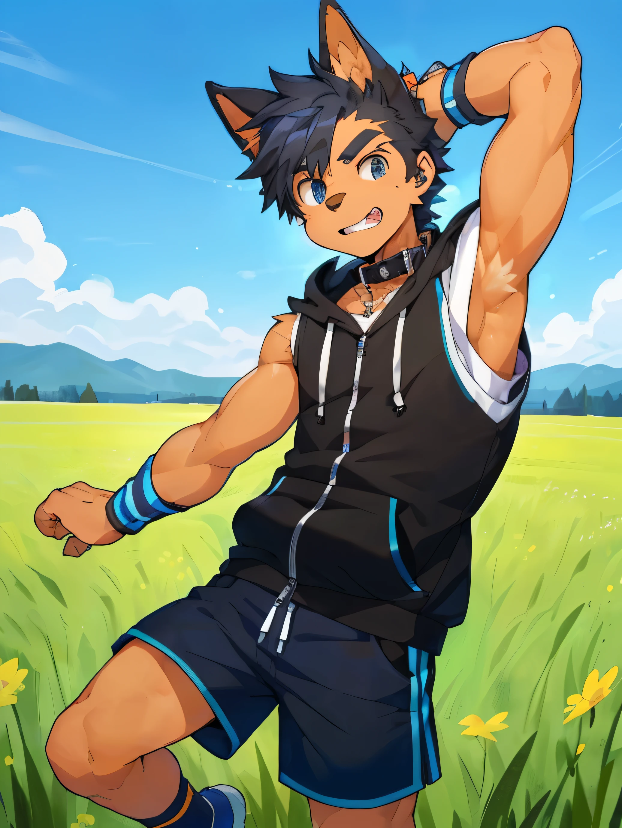 Best Quality,hight quality, hight detailed, solo person， Dog boy, Dog ear,  boy，(Showing armpit:1.4), Shorts, Black hoodie with blue stripes, Dog collar, The hoodie is sleeveless and has an open zipper, (15-Yearld-, Stain fd