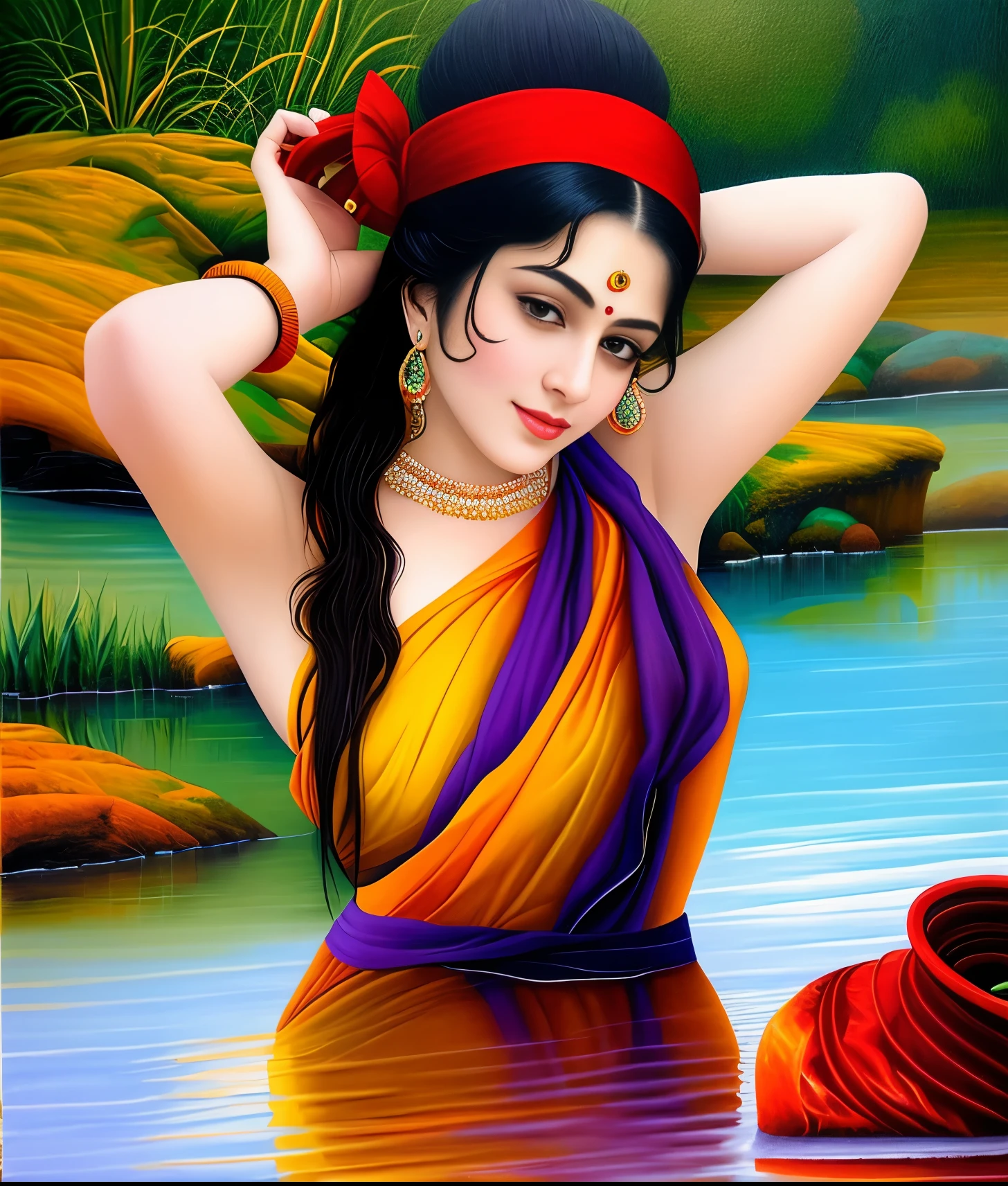 Masterpiece,8k uhd, hdr, realistic, hyper realistic, intricate, vibrant colour, painting of a woman in a yellow sari sitting on a chair, traditional beauty, inspired by Raja Ravi Varma, indian art, by Raja Ravi Varma, painting of beautiful, inspired by T. K. Padmini, painting of a woman, by Sardar Sobha Singh, gorgeous woman, oil on canvas painting, traditional painting, oil-painting